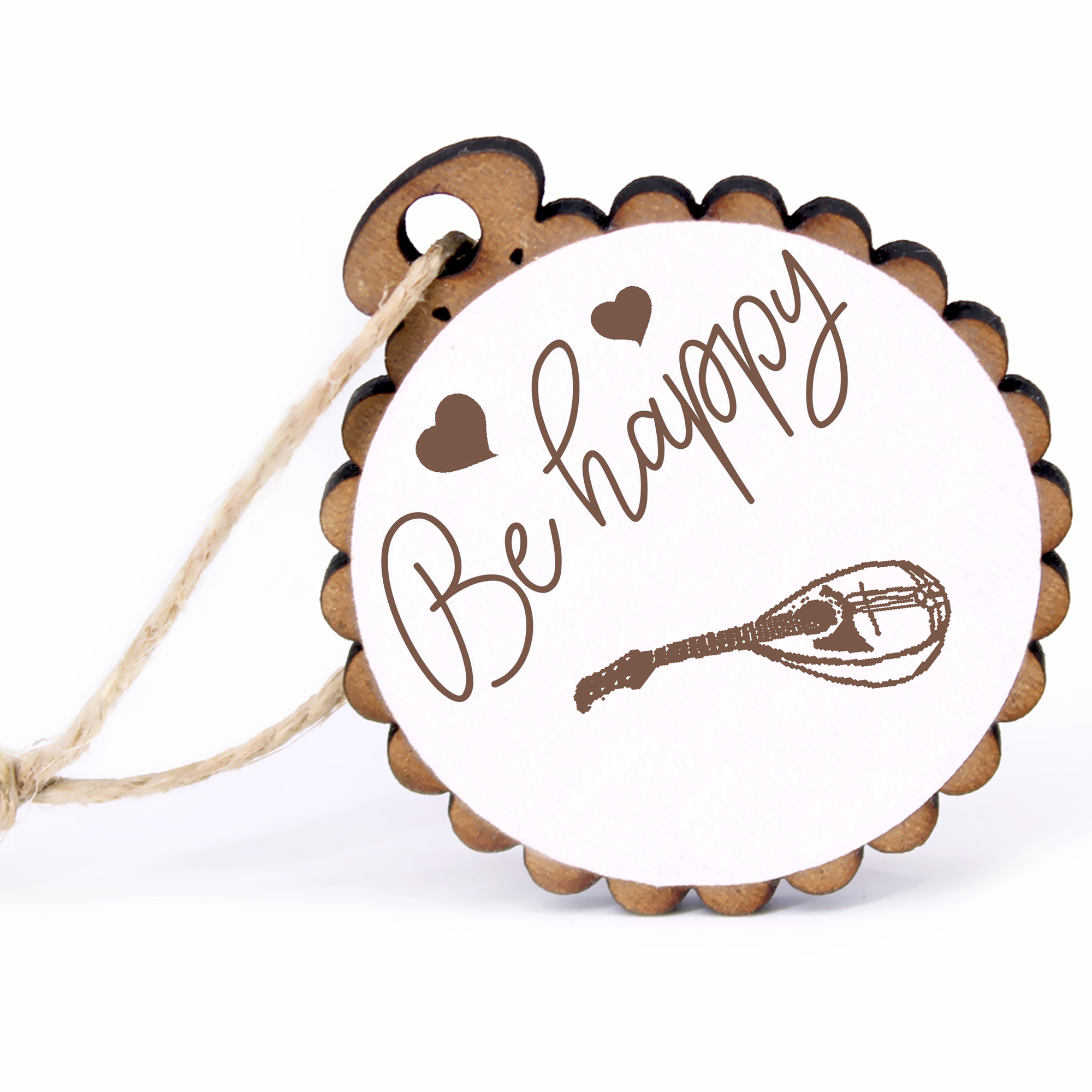 Geschenkanhänger - Be Happy Mandoline -  Holz Ø-5cm - mit Juteband