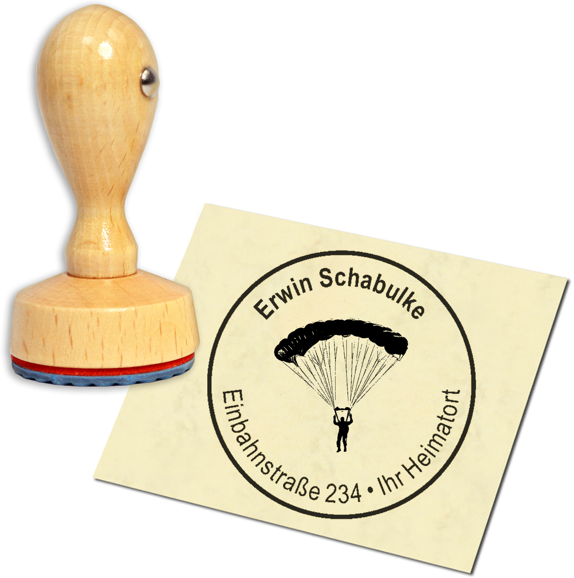 Stempel Adressstempel Holzstempel - Fallschirm - rund 40mm