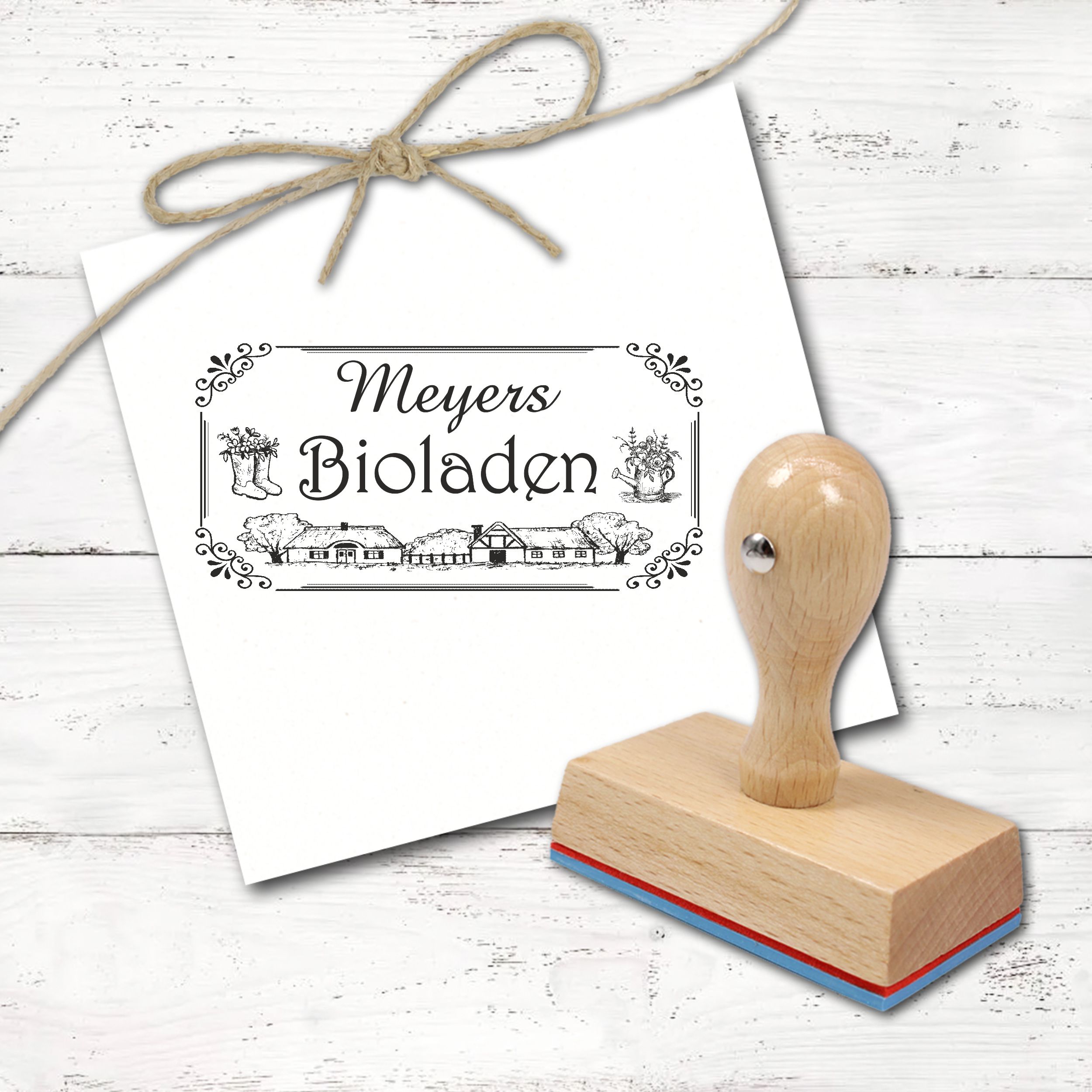 Personalisierter Bioladen Stempel mit Name – Landhaus Bauernhof Vintage Dorf - 100x50 mm