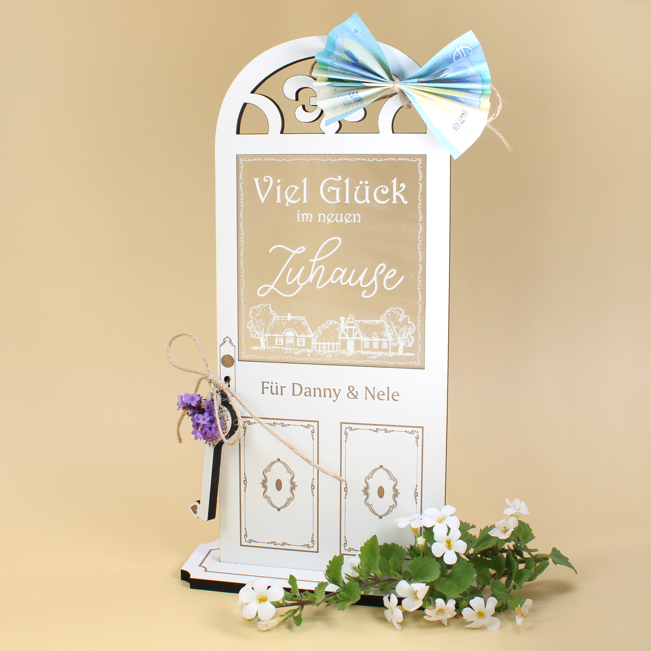 Aufsteller Viel Glück im neuen Zuhause personalisiert - Landhaus Deko Geldgeschenk 13 x 24 cm 