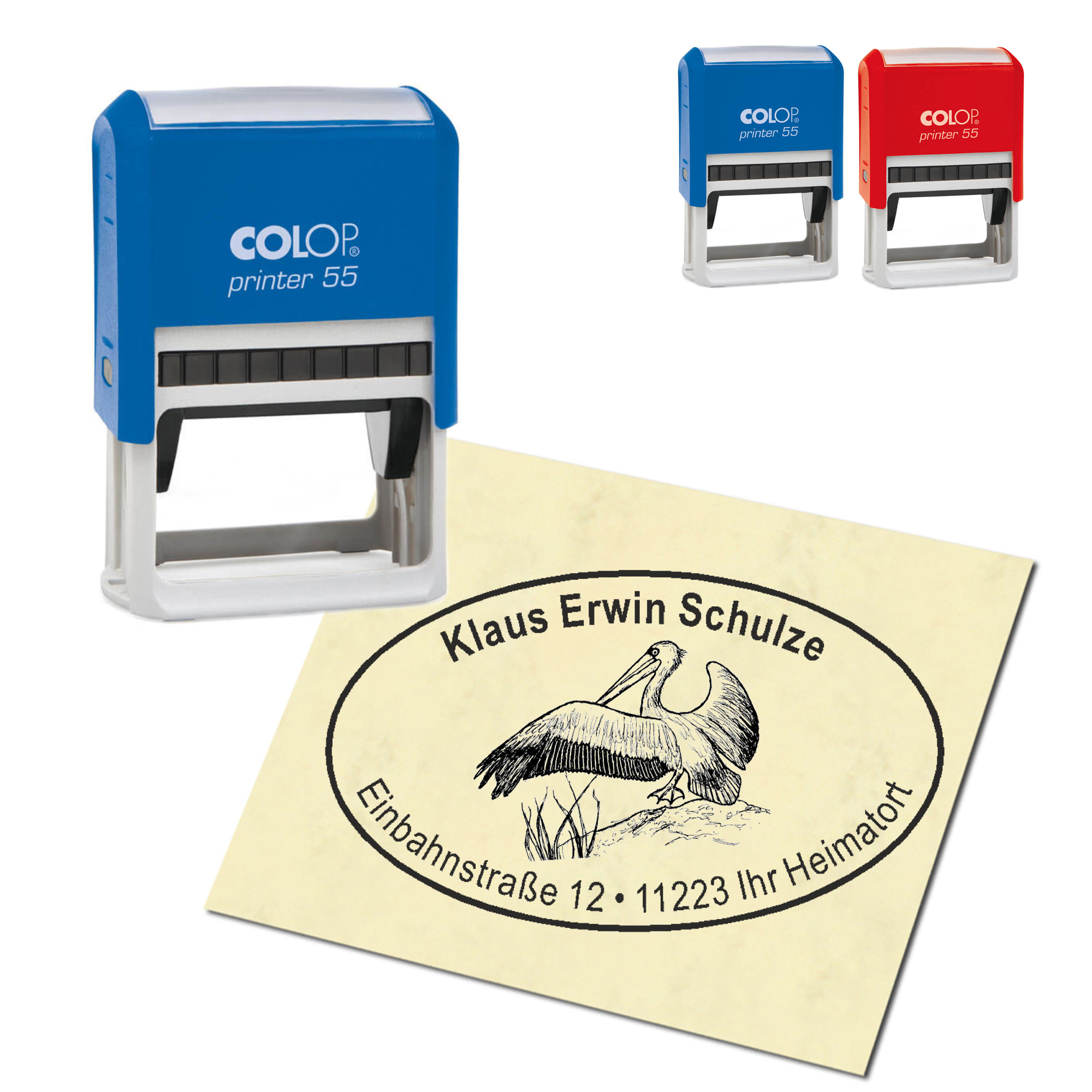 Adressstempel personalisiert Stempel - fliegender Pelikan - oval 59 x 39 mm