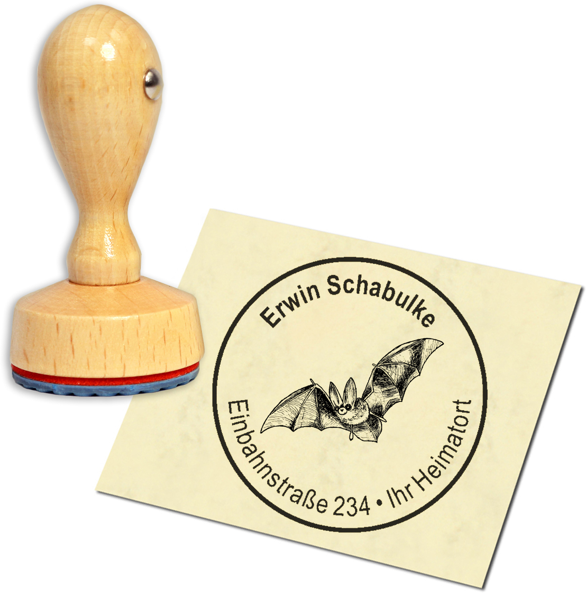 Stempel Adressstempel Holzstempel - fliegende Fledermaus - rund 40mm