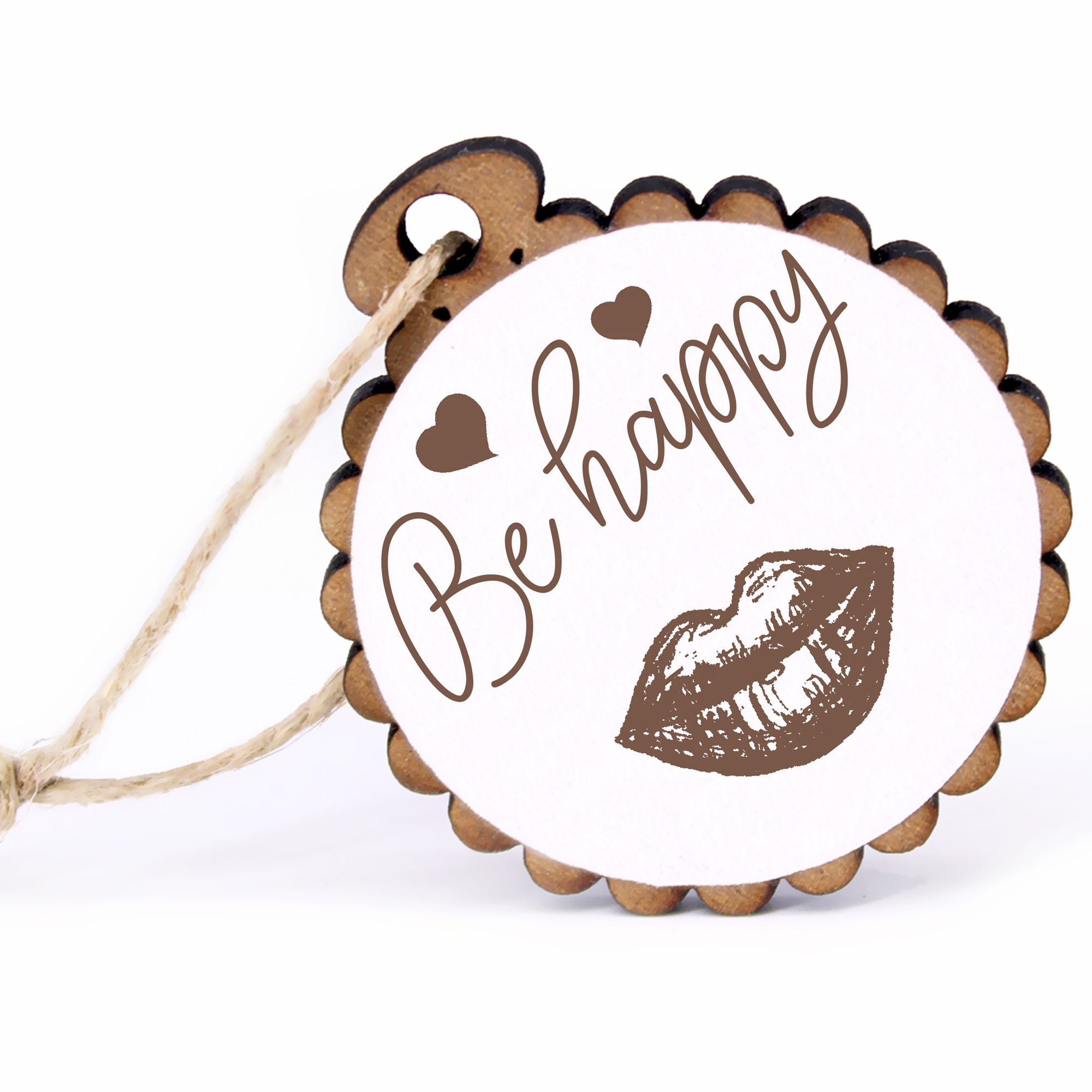 Geschenkanhänger - Be Happy Mund -  Holz Ø-5cm - mit Juteband