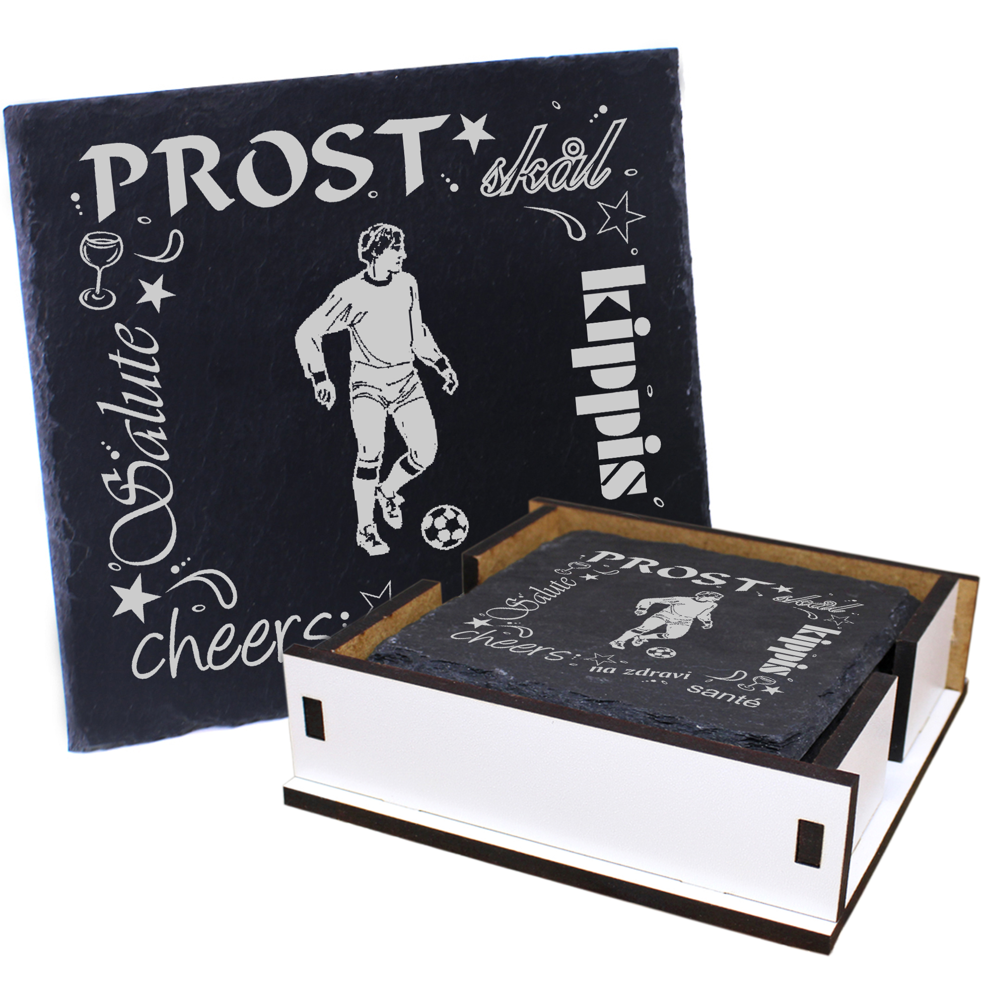 5 x Schiefer Untersetzer - Prost Fußballspieler - inkl. Holzbox & Flaschenuntersetzer