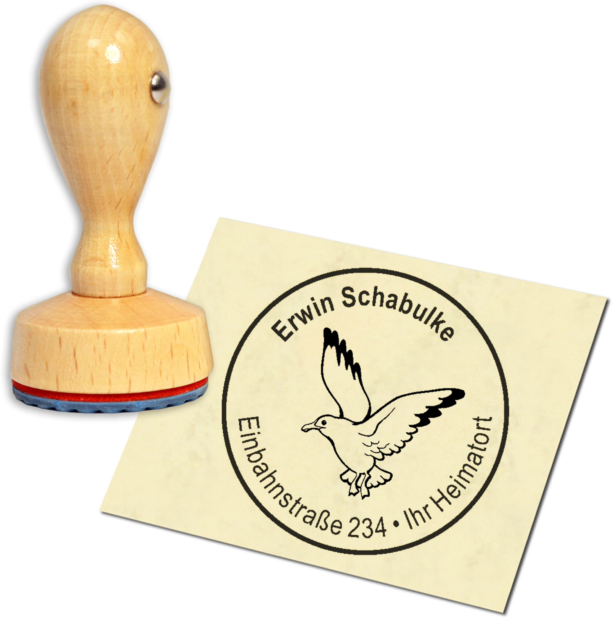 Stempel Adressstempel Holzstempel - fliegende Möwe - rund 40mm