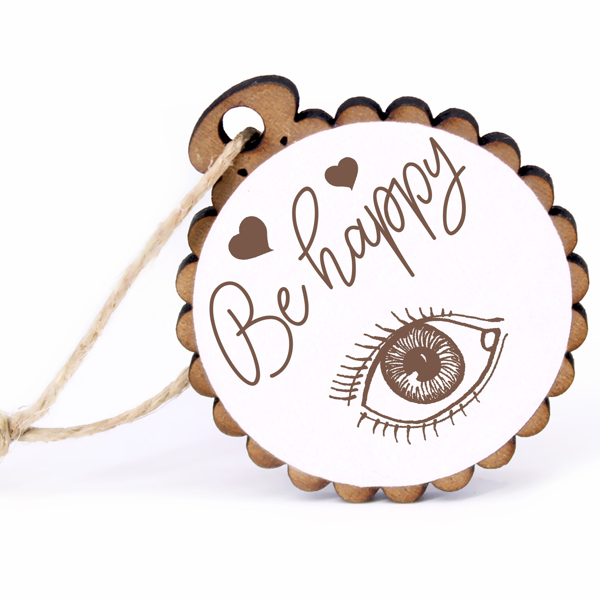 Geschenkanhänger - Be Happy Auge -  Holz Ø-5cm - mit Juteband