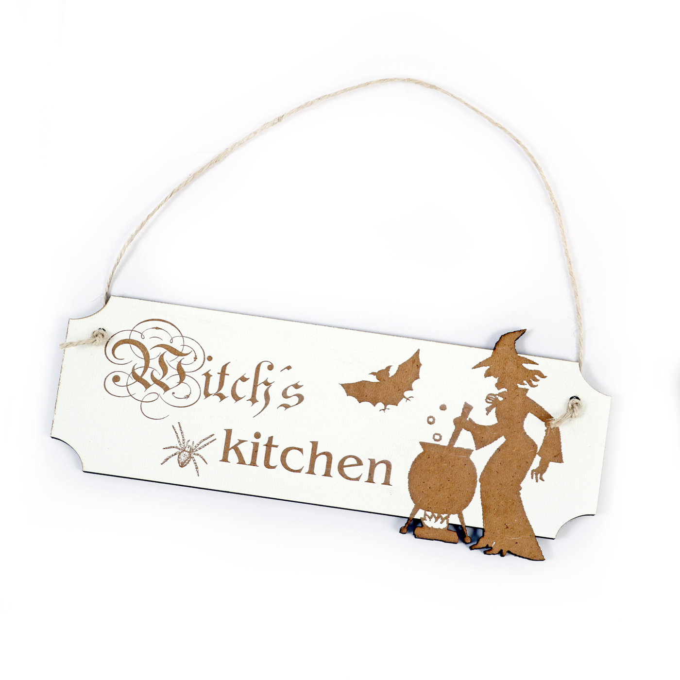 Schild Vintage Witch's Kitchen - mit Motiv Hexe Kessel Fledermaus Spinne