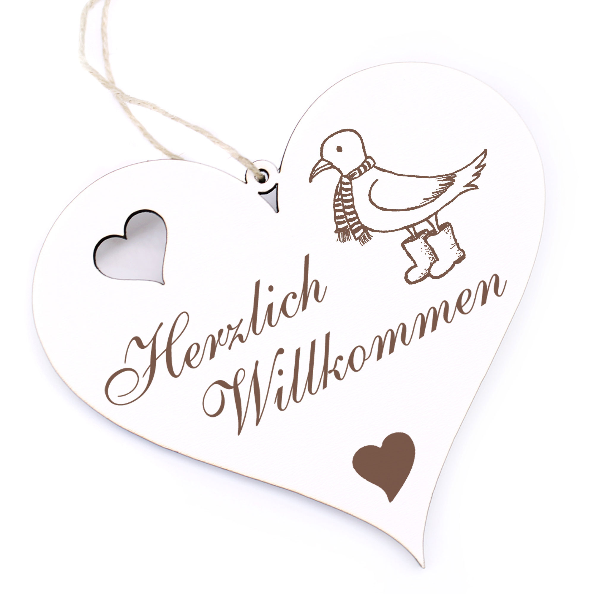 Herzlich Willkommen Schild - Möwe mit Schal - Deko Herz Holz