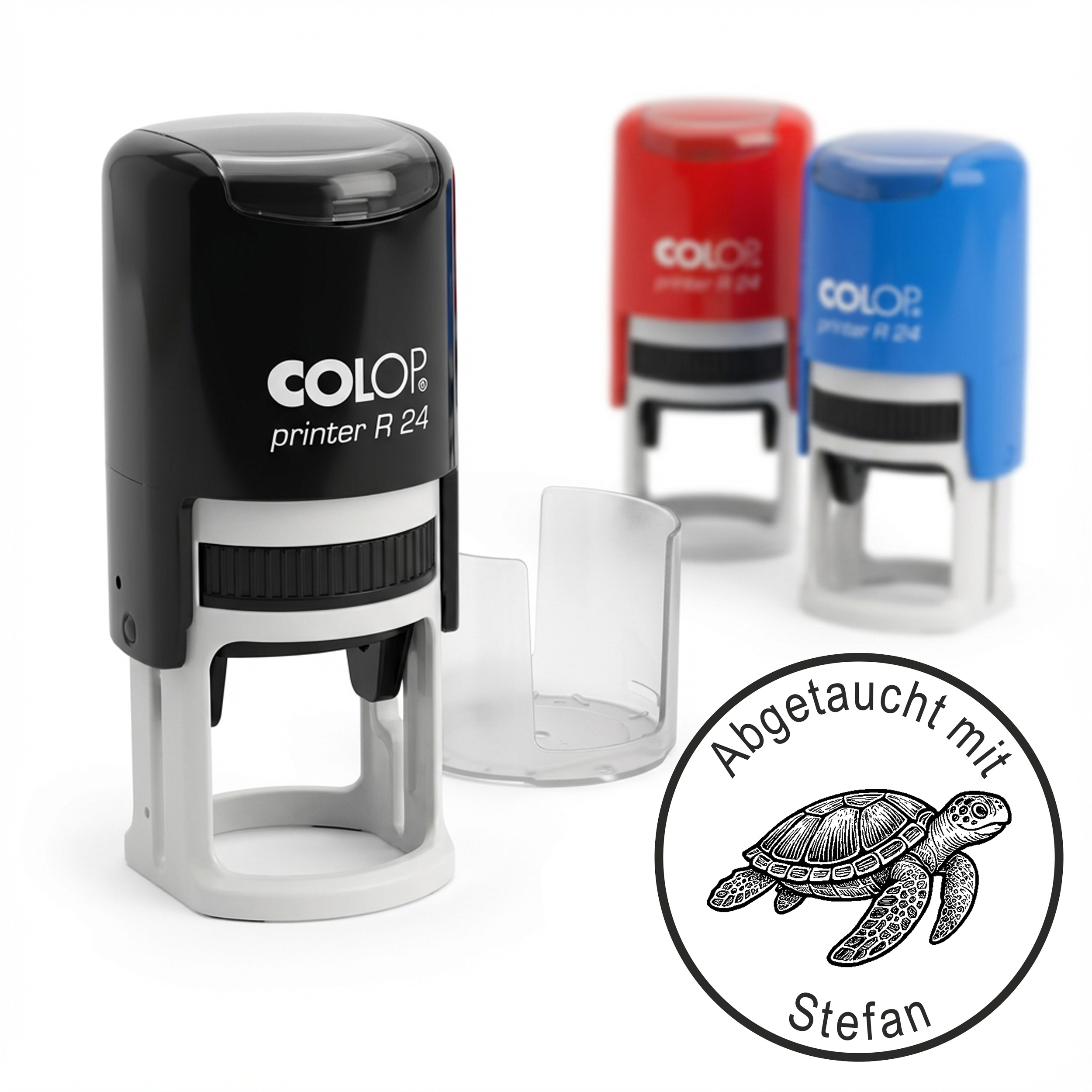 Taucherstempel Schildkröte 24x24 mm –  runder Stempel personalisiert für Taucherlogbuch, Tauchlogbuch & Tauchbuch