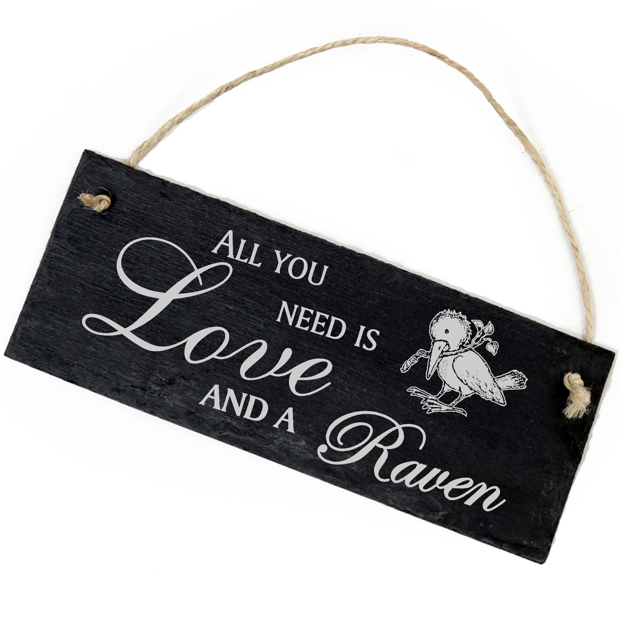 Schiefertafel Deko Rabe mit Stock Schild 22 x 8 cm - All you need is Love and a Raven