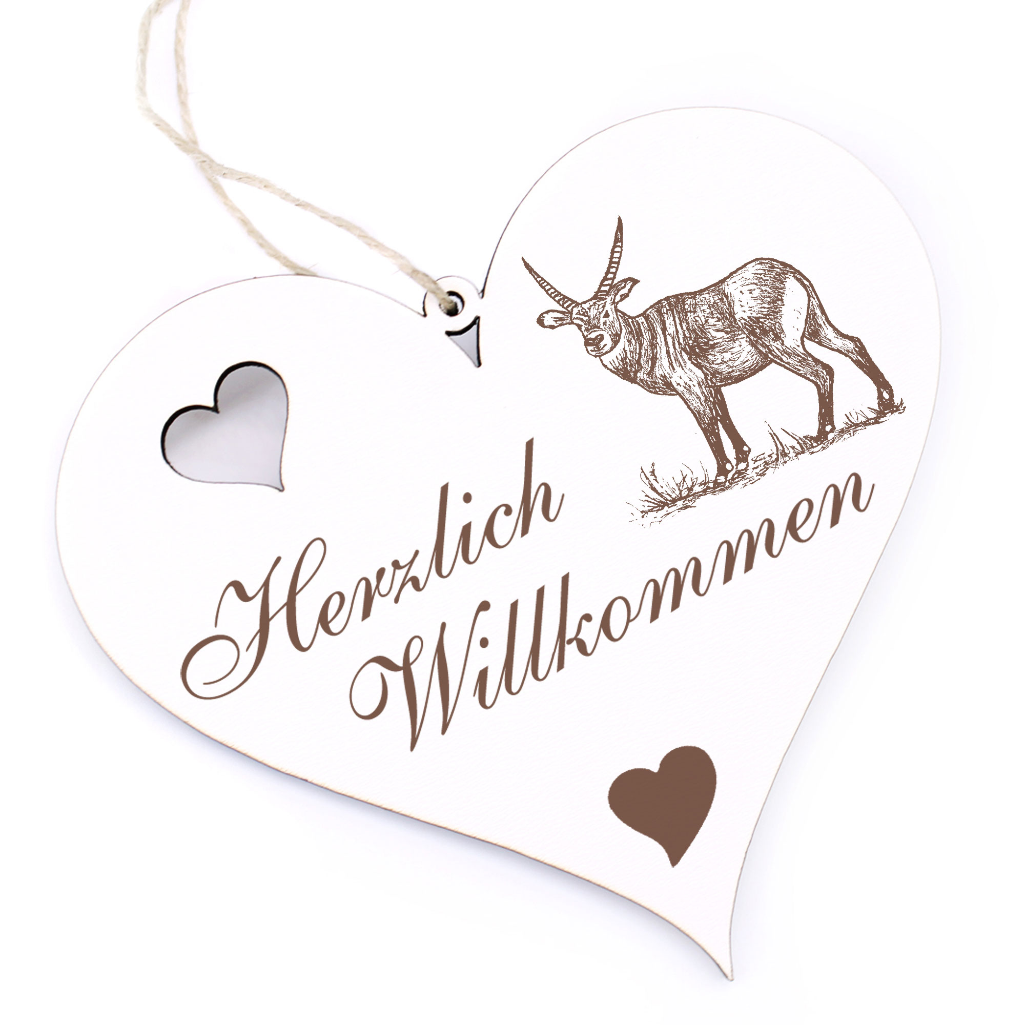 Herzlich Willkommen Schild - Antilope auf Gras - Deko Herz Holz