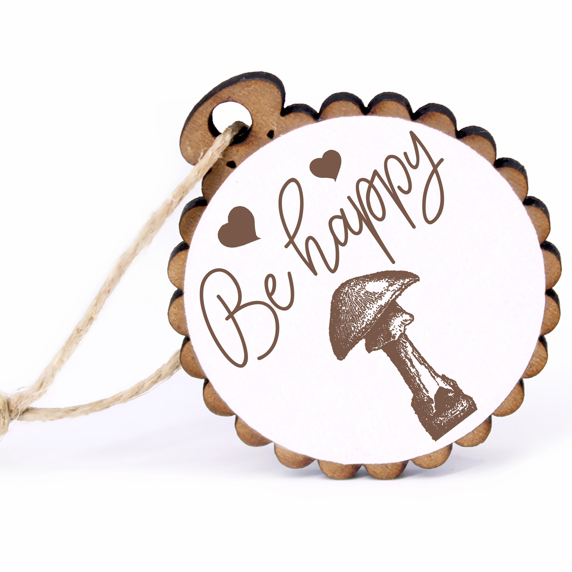 Geschenkanhänger - Be Happy Pilz -  Holz Ø-5cm - mit Juteband