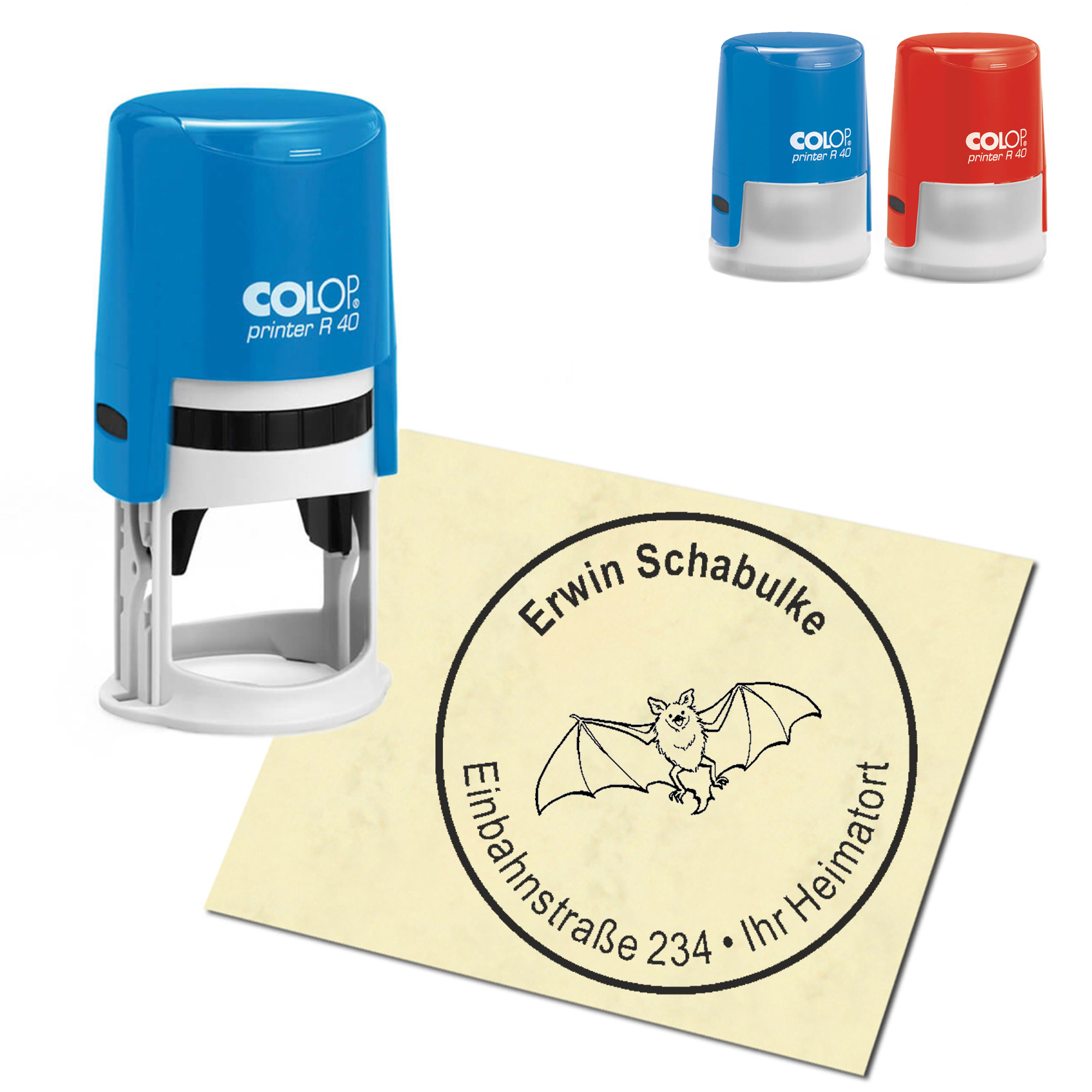 Stempel Adressstempel personalisiert - niedliche Fledermaus - rund &empty; 40mm