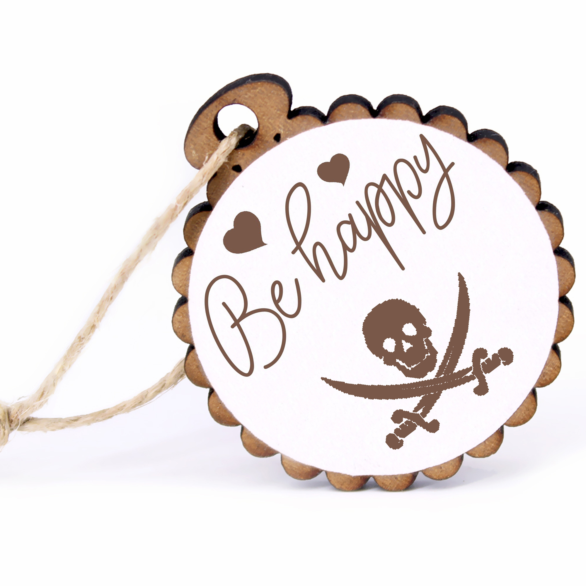 Geschenkanhänger - Be Happy Piratenzeichen -  Holz Ø-5cm - mit Juteband