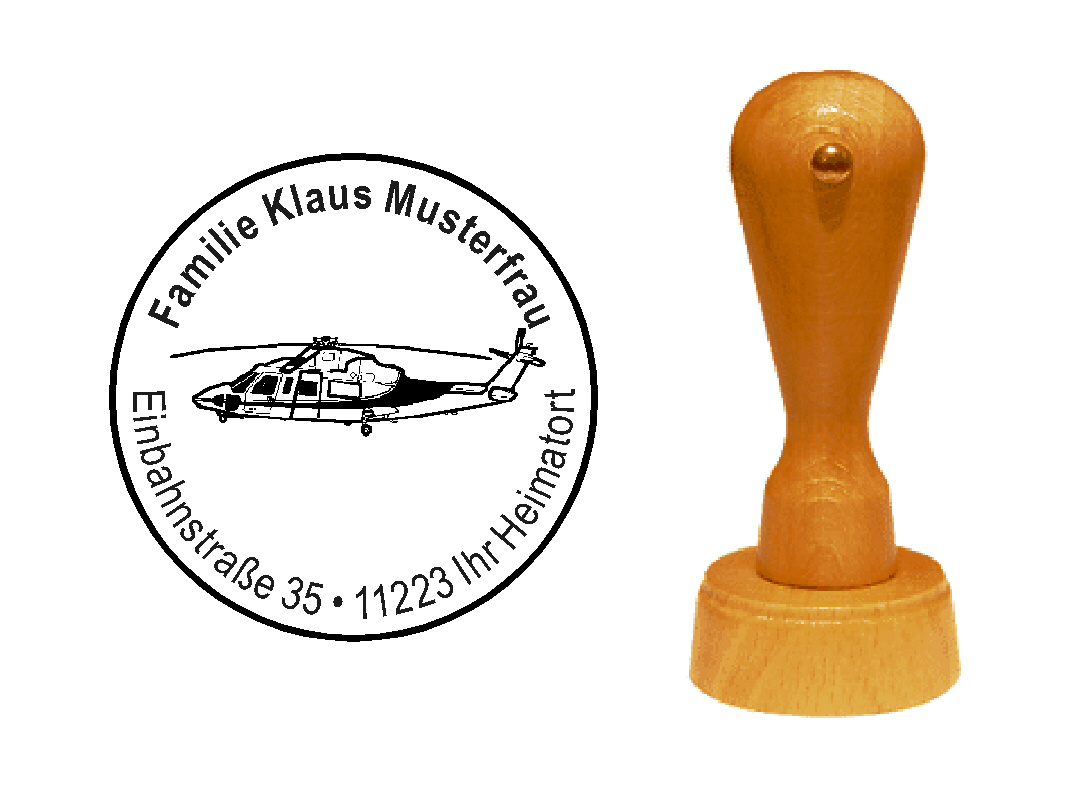 « Hubschrauber 1 » Holzstempel mit persönlichem Wunschtext