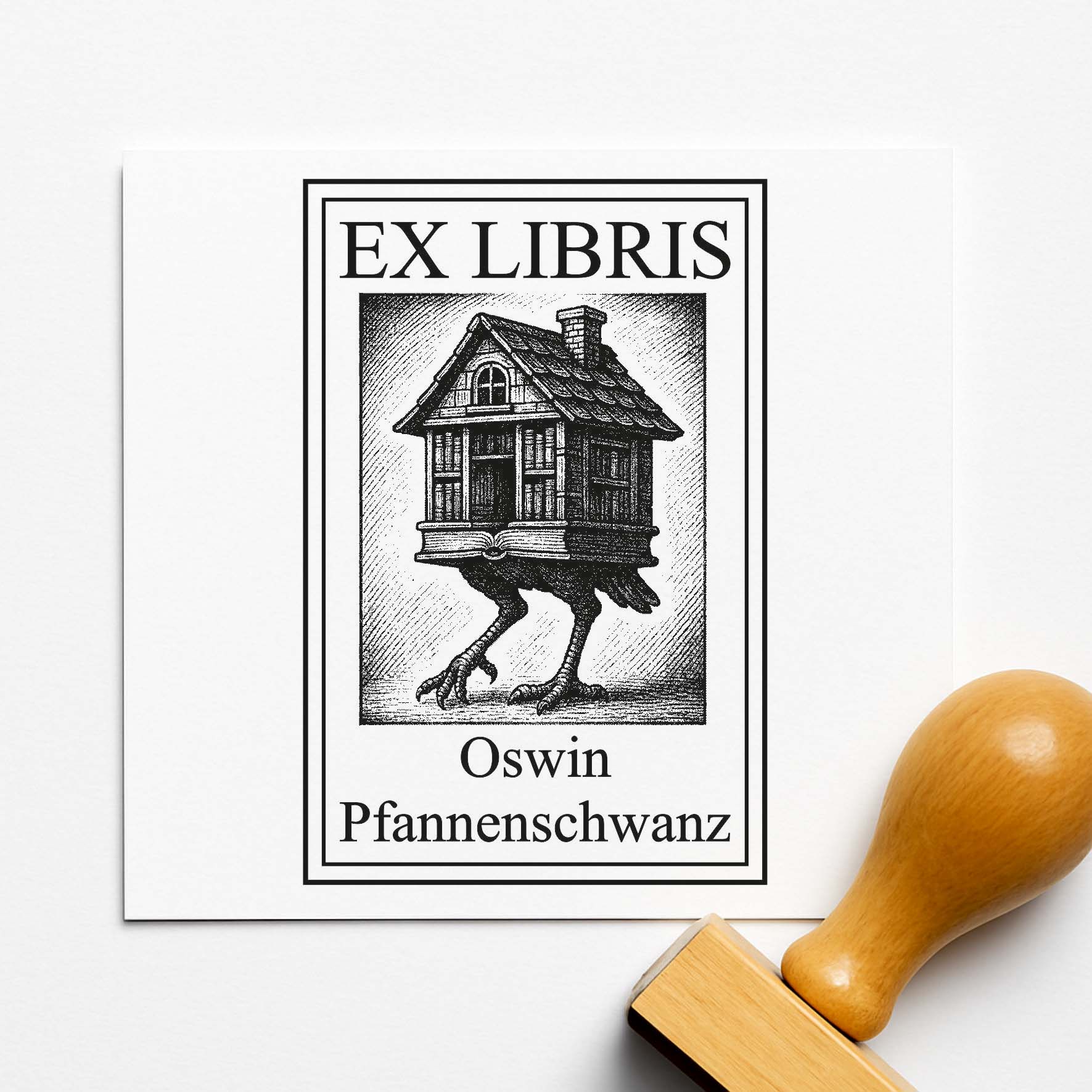 Ex Libris Stempel personalisiert mit Namen Motiv Haus auf Hühnerbeinen - Bücherstempel individuell - 40 x 60 mm