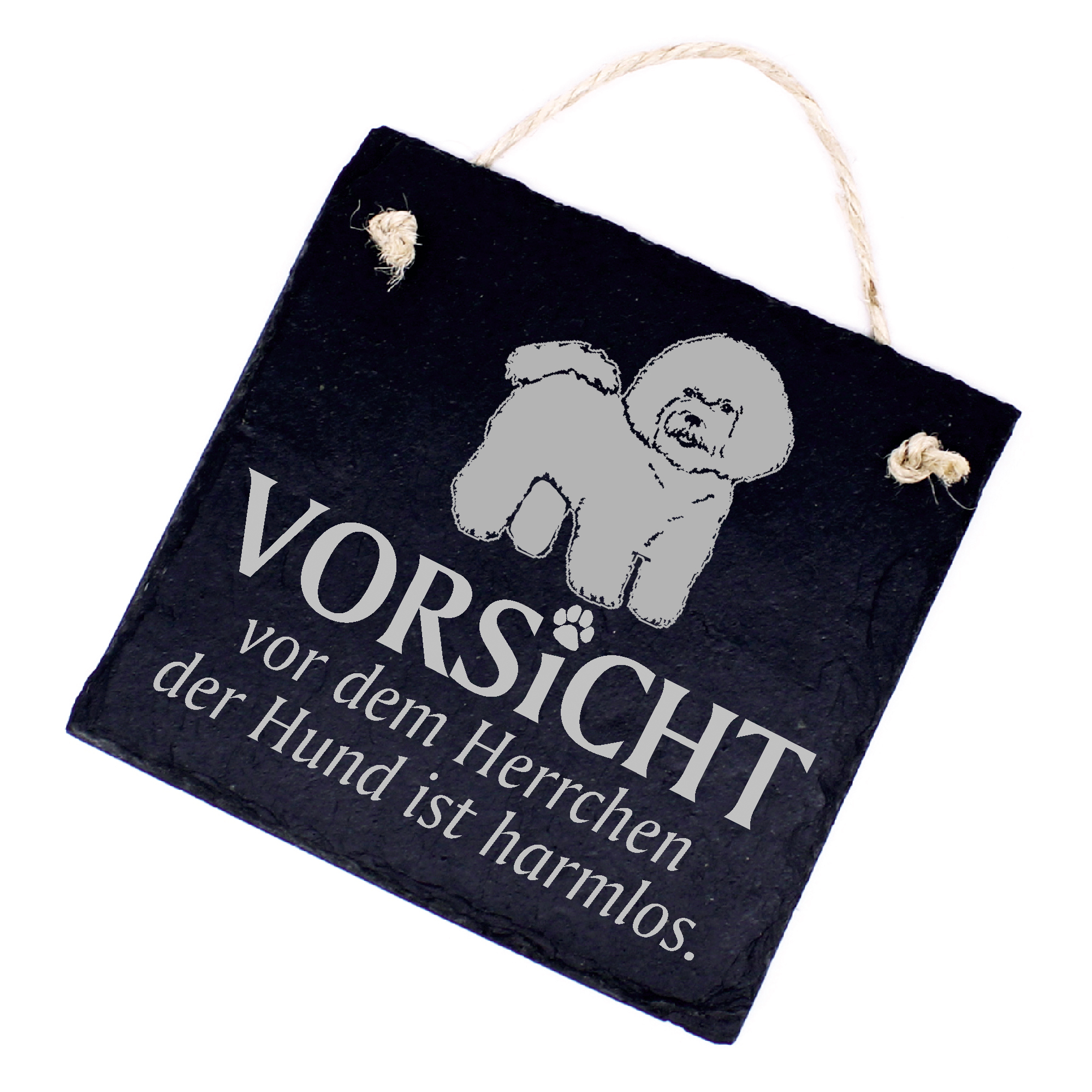 Hundeschild Bichon Frise Schild aus Schiefer - Vorsicht vor dem Herrchen - 11cm x 11cm
