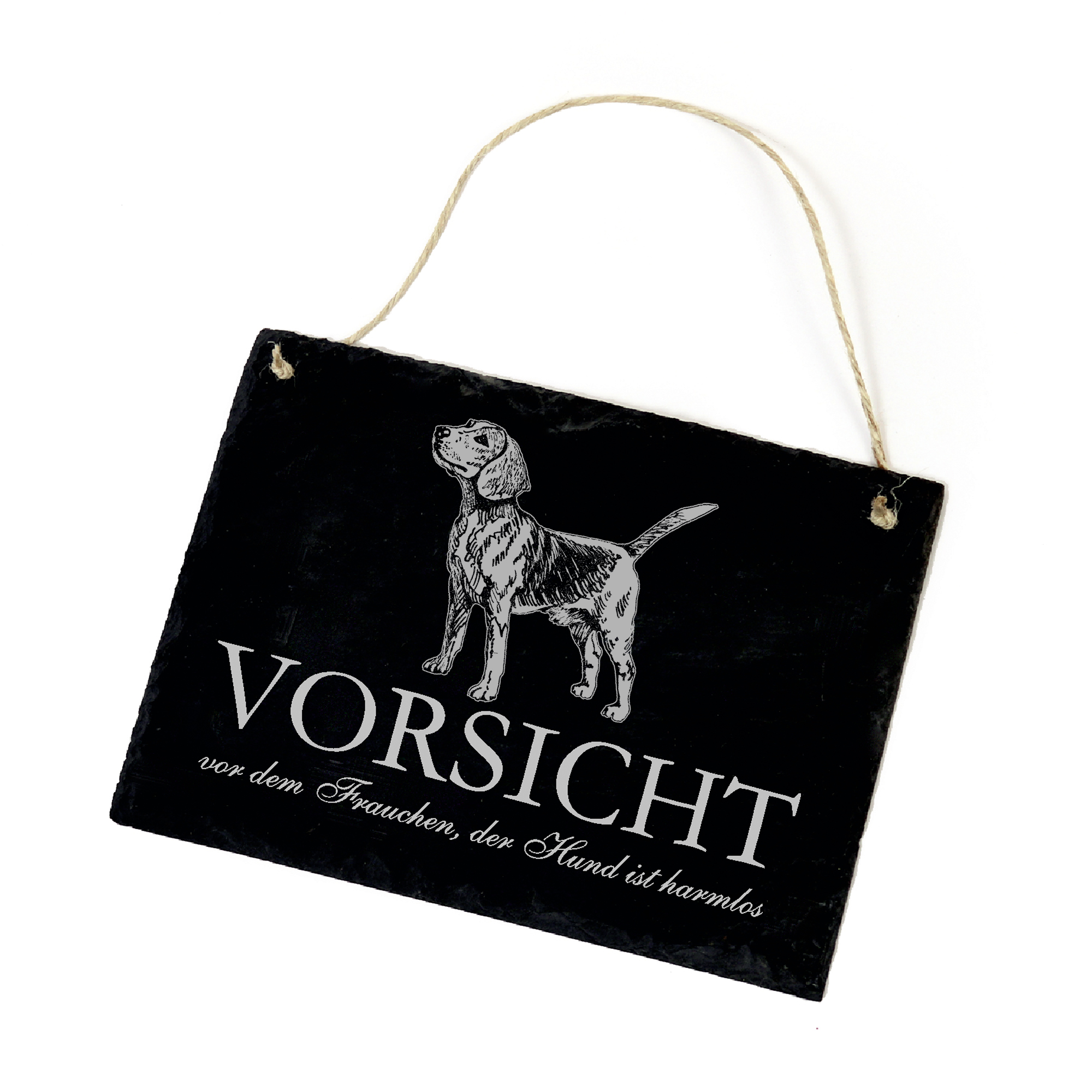 Hundeschild Beagle Schild aus Schiefer - Vorsicht vor dem Frauchen - 22cm x 16cm