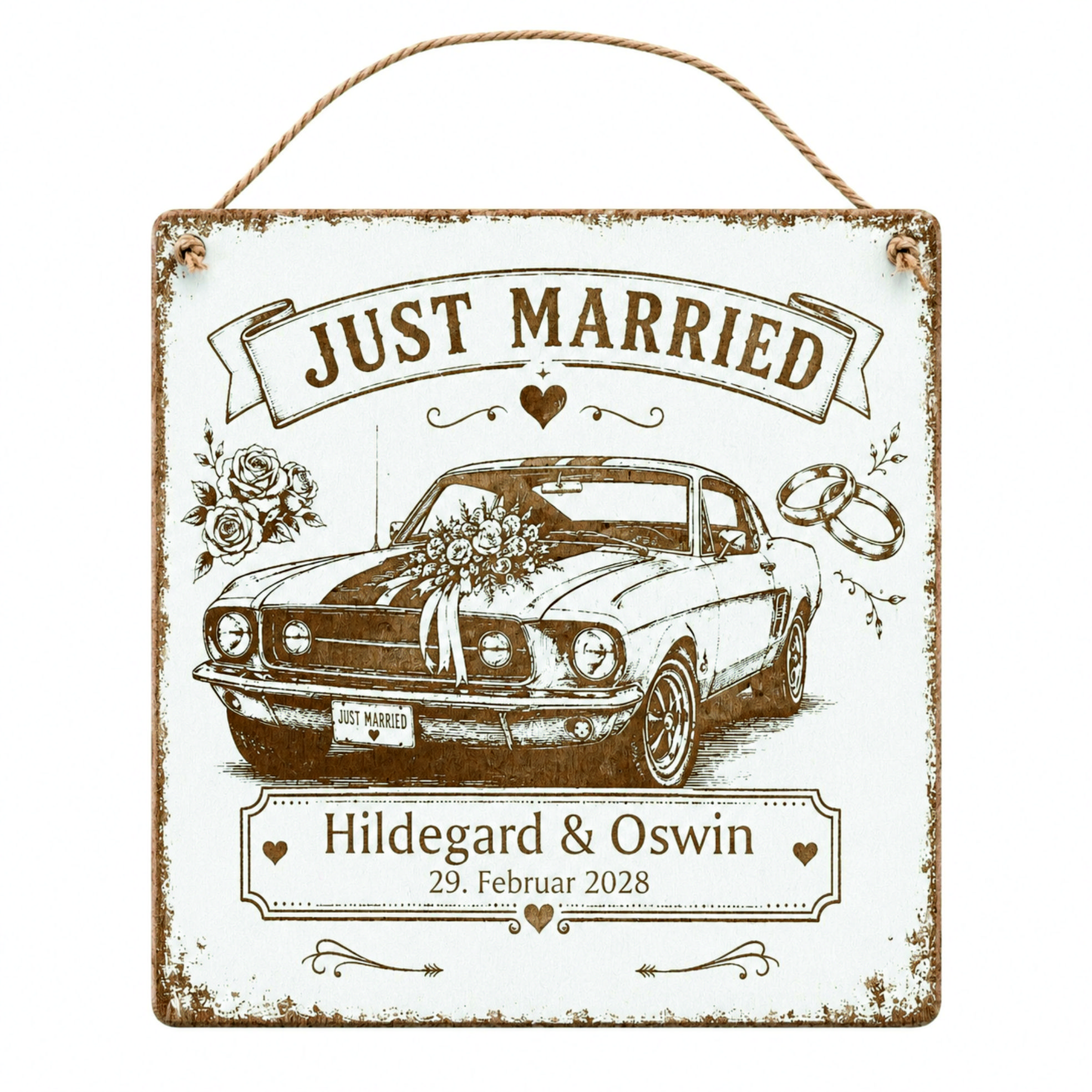 Personalisiertes Hochzeitsschild Oldtimer Hochzeit Just Married - mit Namen und Datum - 15x15 cm