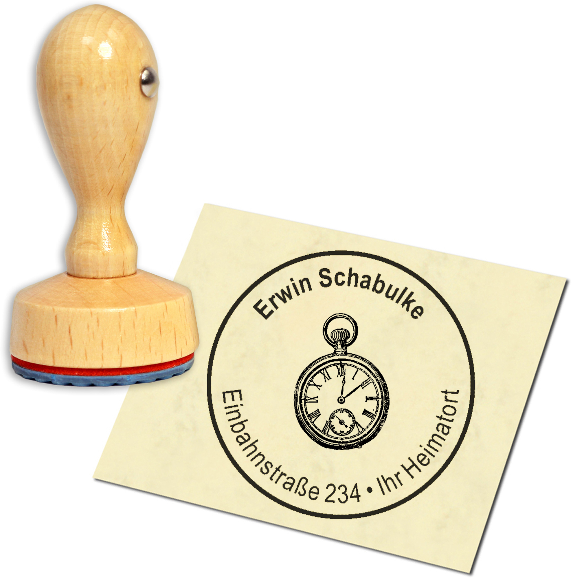 Stempel Adressstempel Holzstempel - Taschenuhr - rund 40mm