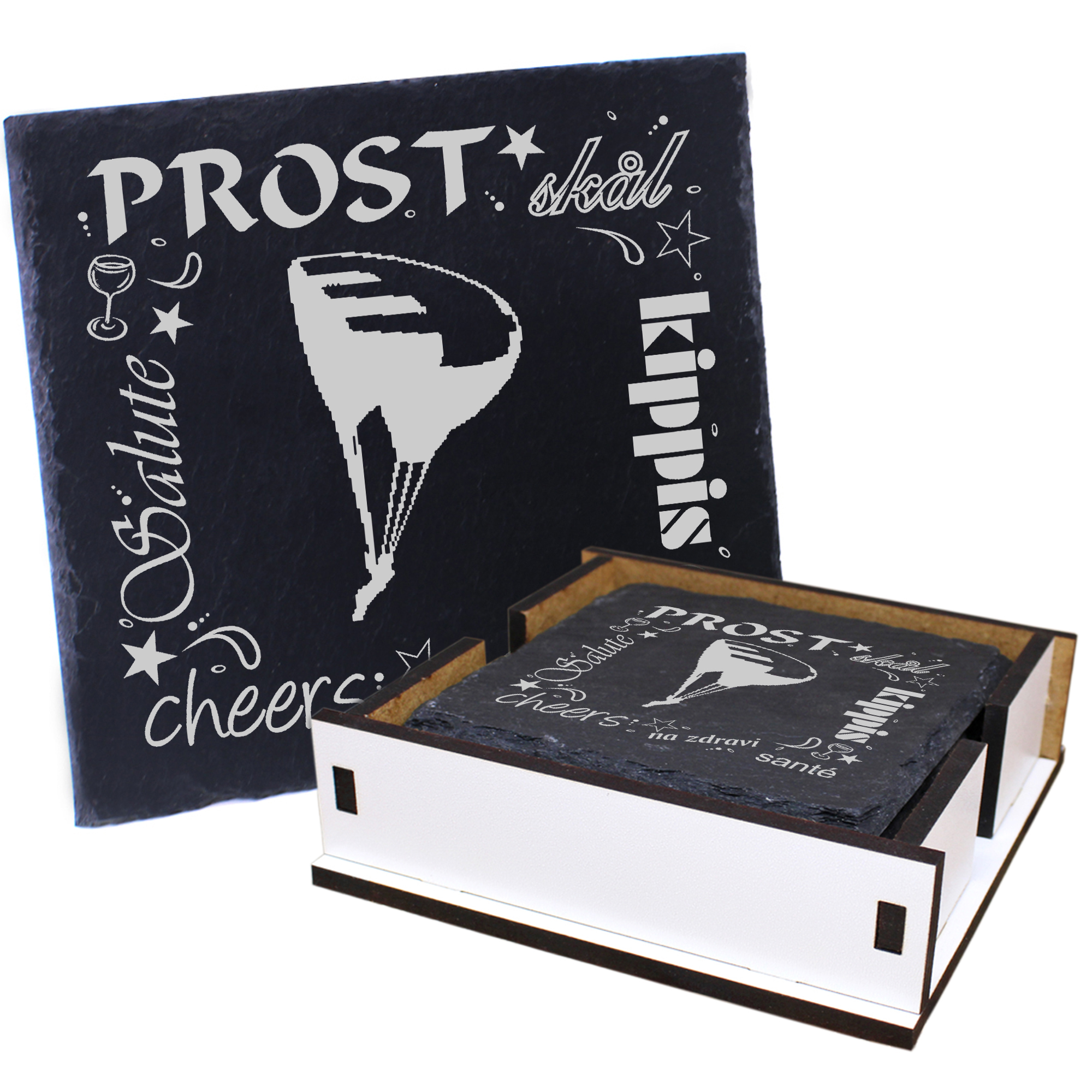 5 x Schiefer Untersetzer - Prost Gleitschirm - inkl. Holzbox & Flaschenuntersetzer