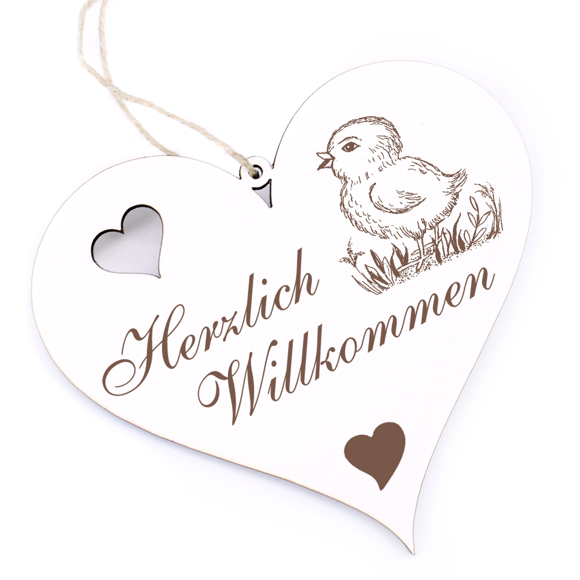 Herzlich Willkommen Schild - niedlicher Spatz - Deko Herz Holz