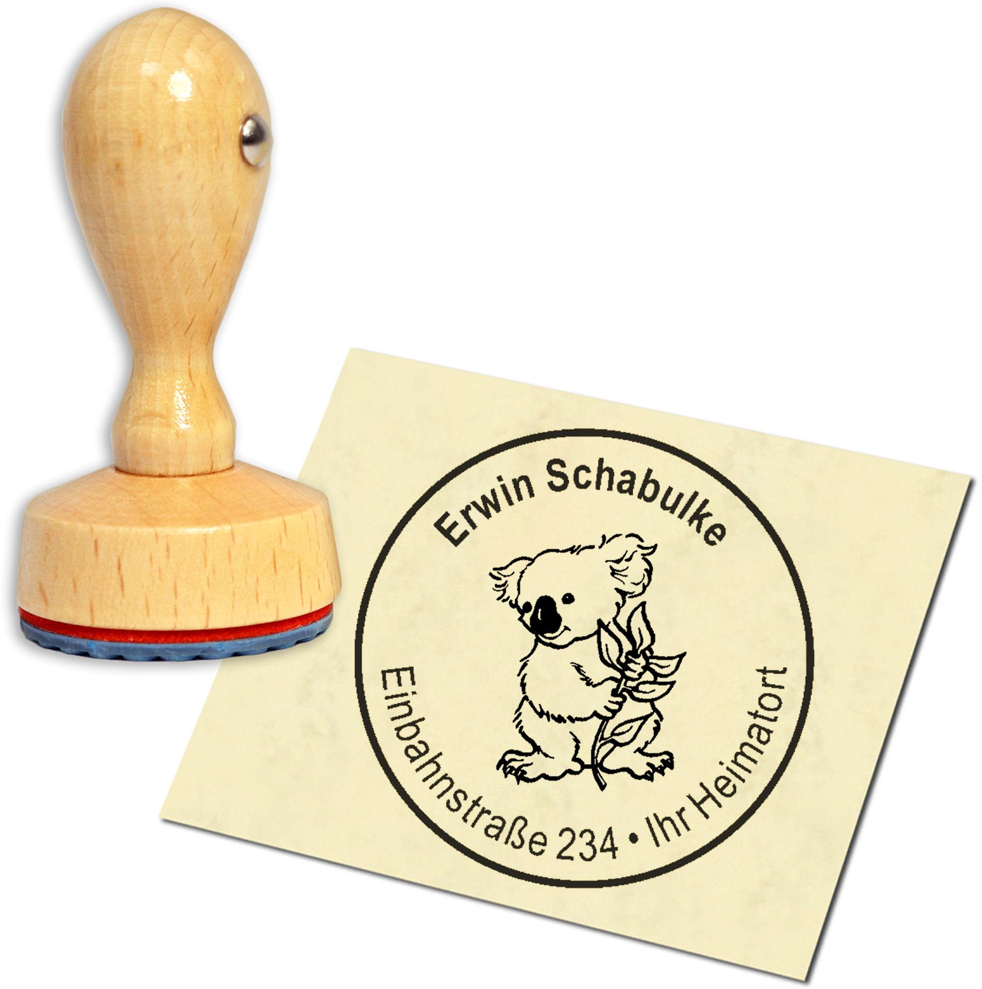 Stempel Adressstempel Holzstempel - Koala mit Blatt - rund 40mm