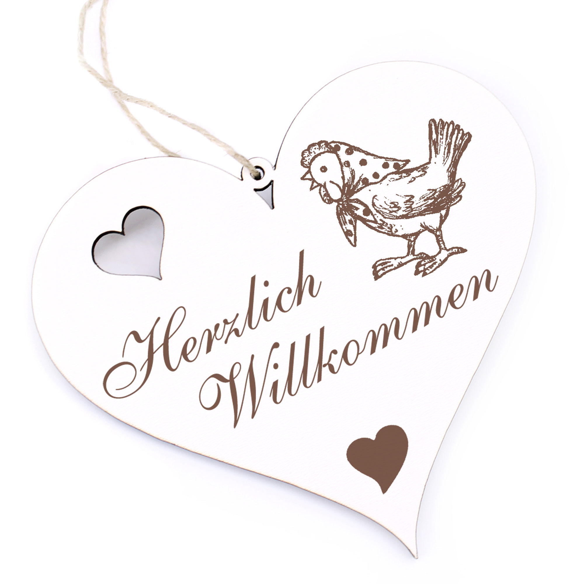Herzlich Willkommen Schild - Huhn mit Kopftuch - Deko Herz Holz