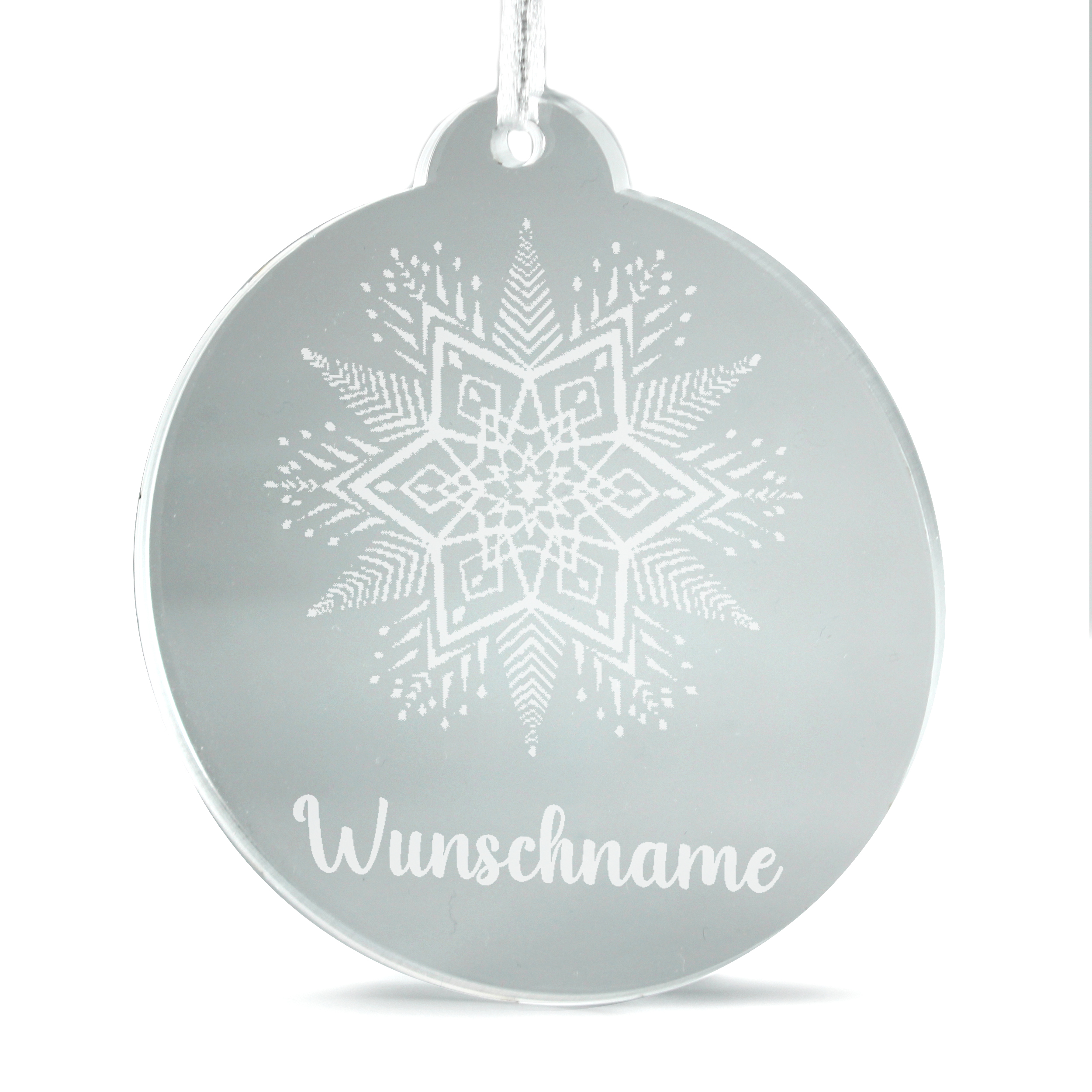 Christbaumanhänger Wunschname Schneeflockenstern aus Acryl – transparente Weihnachtsanhänger mit weißer Gravur