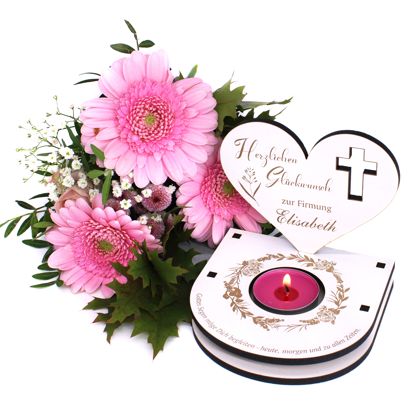 Teelichthalter Firmung mit Spruch Gottes Segen und Wunschnamen - mit Rosen und Kreuz Motiv