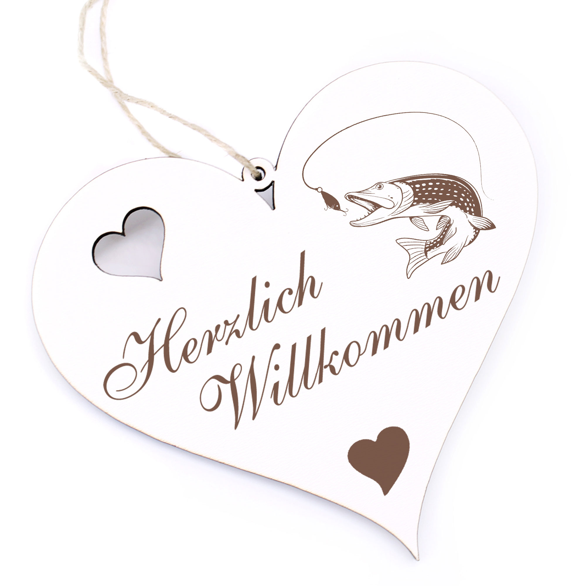 Herzlich Willkommen Schild - Hecht - Deko Herz Holz