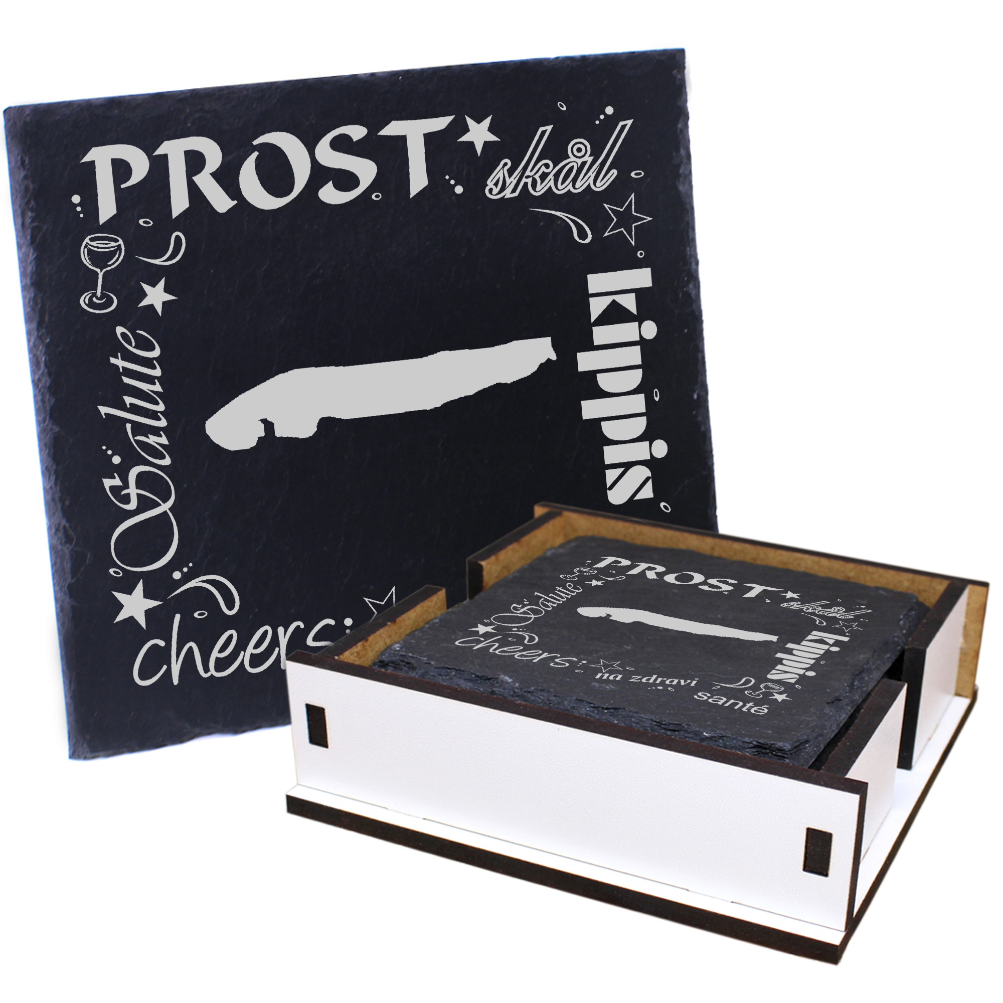 5 x Schiefer Untersetzer - Prost Insel Norderney - inkl. Holzbox & Flaschenuntersetzer