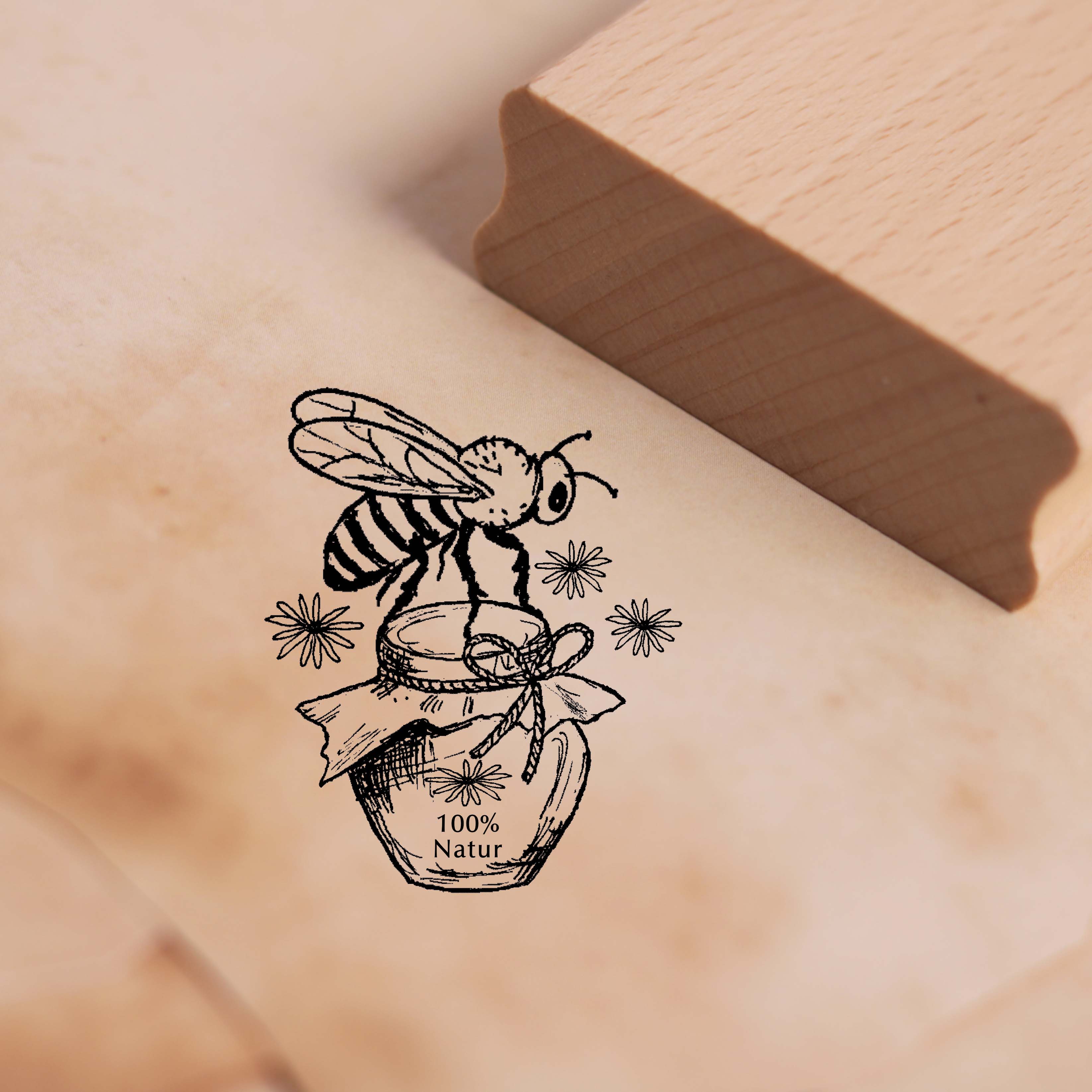 Motivstempel Niedliche Biene am Honigglas - Stempel Imker Holzstempel 48 x 58 mm 