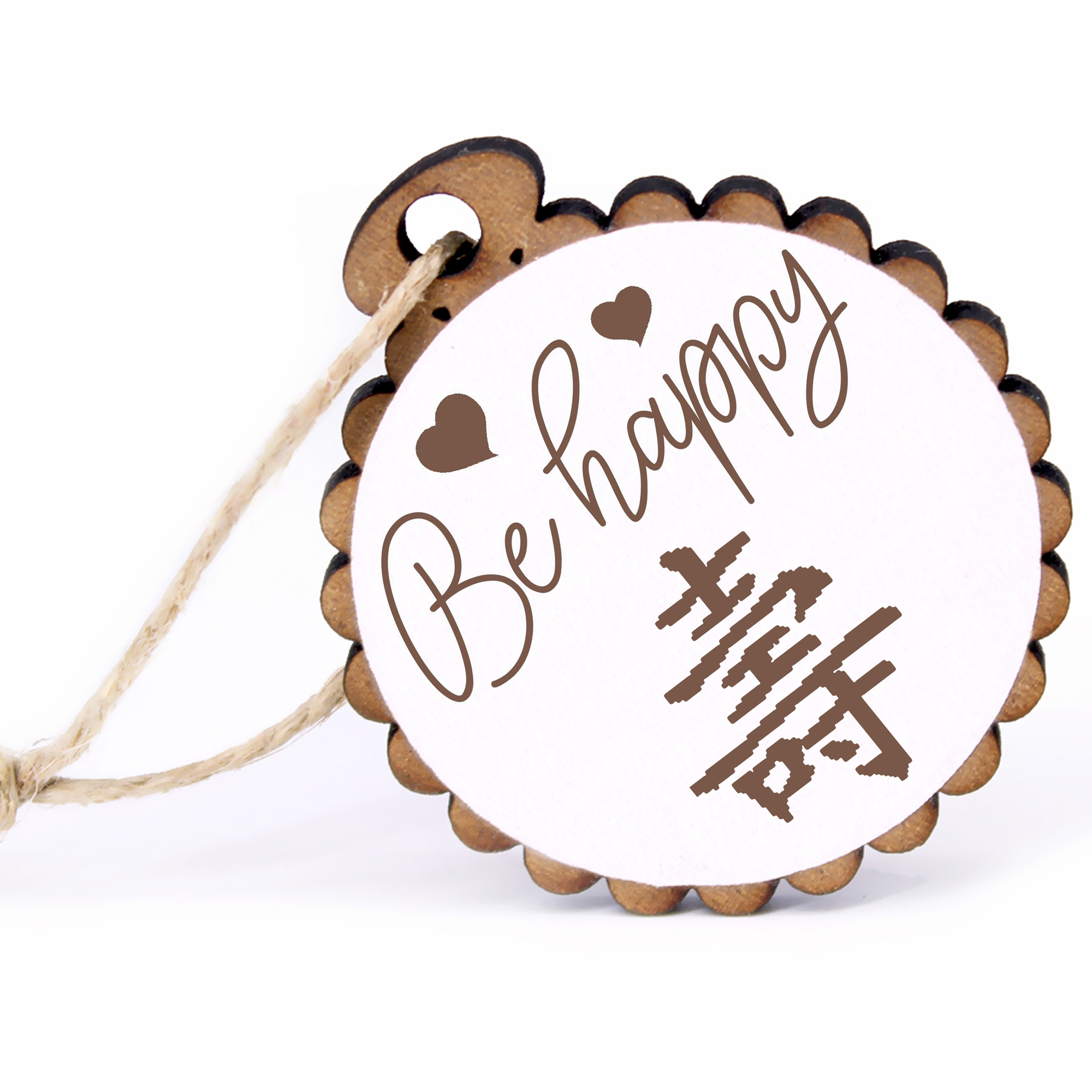 Geschenkanhänger - Be Happy Langes Leben -  Holz Ø-5cm - mit Juteband