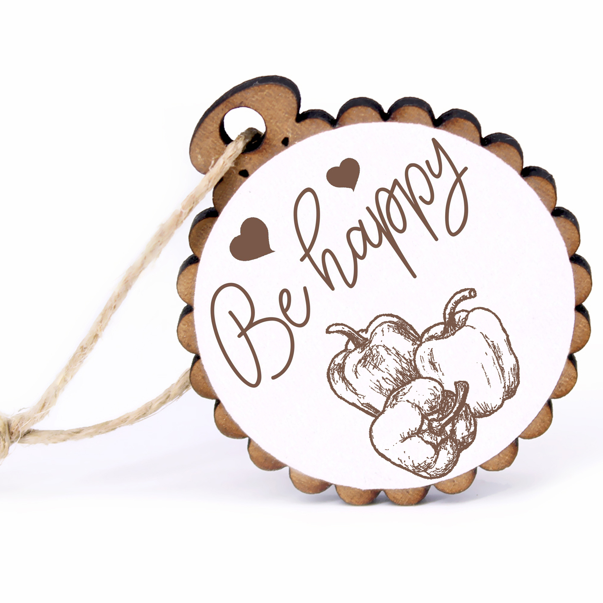 Geschenkanhänger - Be Happy Paprika -  Holz Ø-5cm - mit Juteband