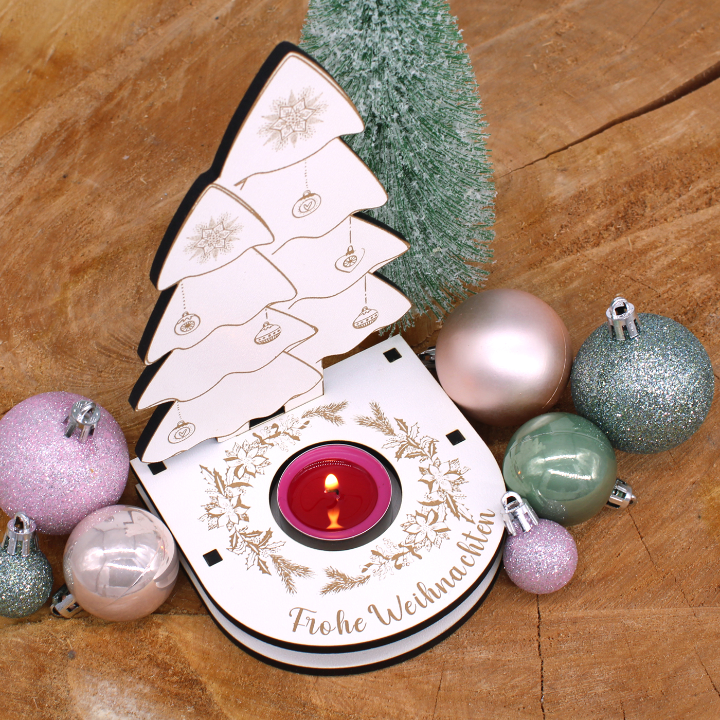 Teelichthalter Tannenbaum mit Gravur Frohe Weihnachten Winterdeko