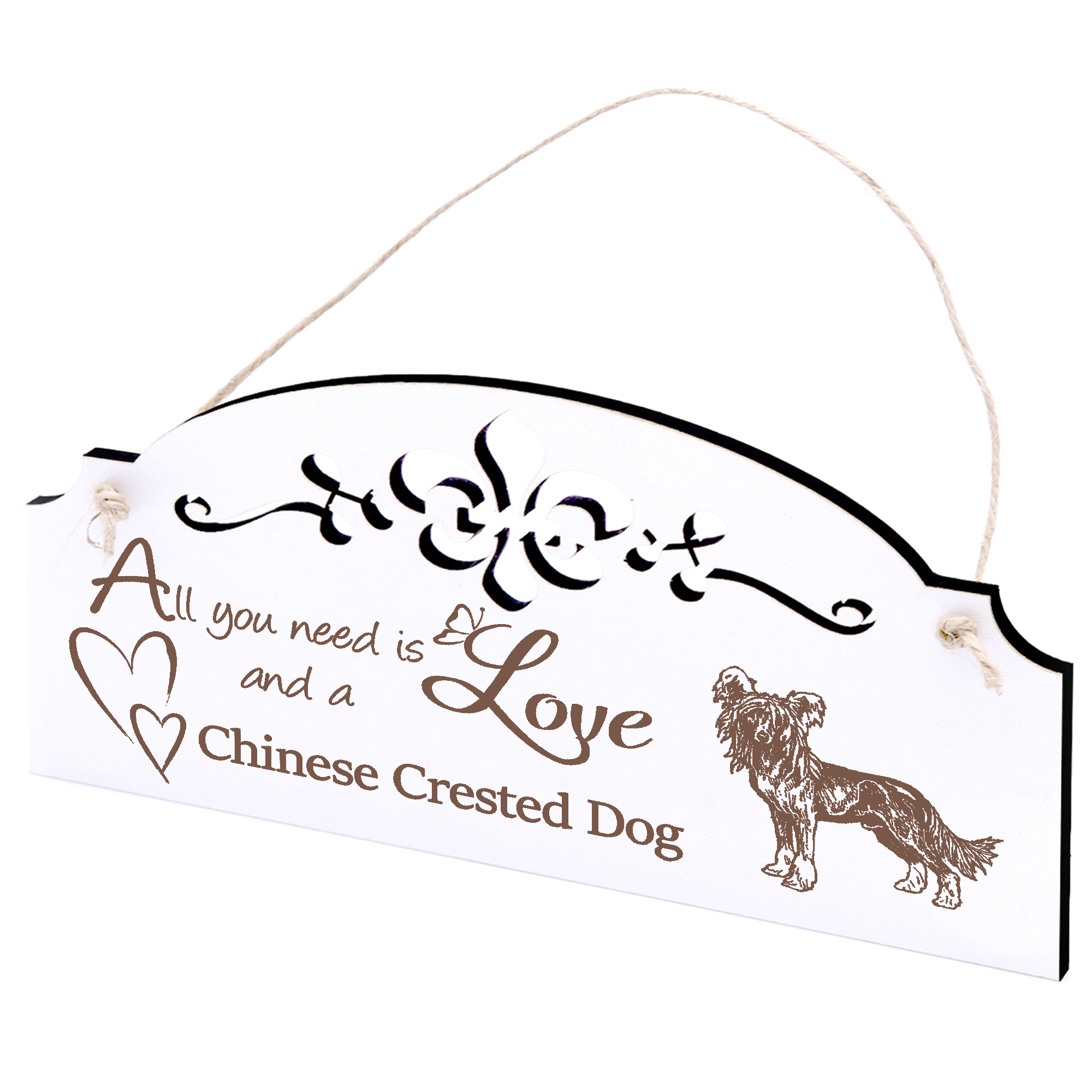 Schild Chinesischer Schopfhund Deko 20x10cm - All you need is Love and a Chinese Crested Dog - Holz