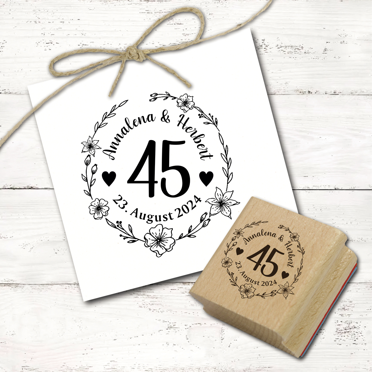 Motivstempel Hochzeit 45.  Hochzeitstag mit Namen, Datum und Zahl 45 Jahre - Blumen Kranz - Abdruck Ø 48 mm