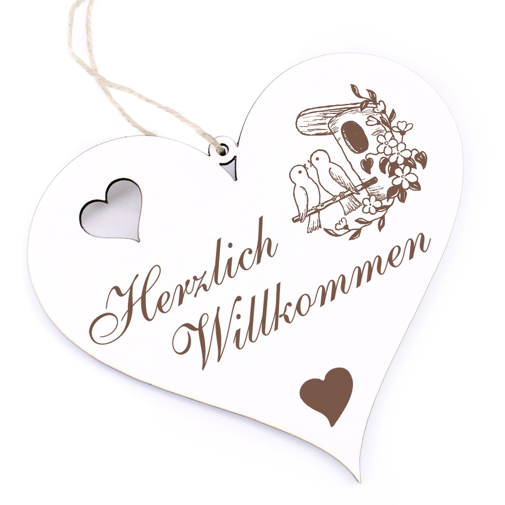 Herzlich Willkommen Schild - Vogelhaus mit Vögeln - Deko Herz Holz