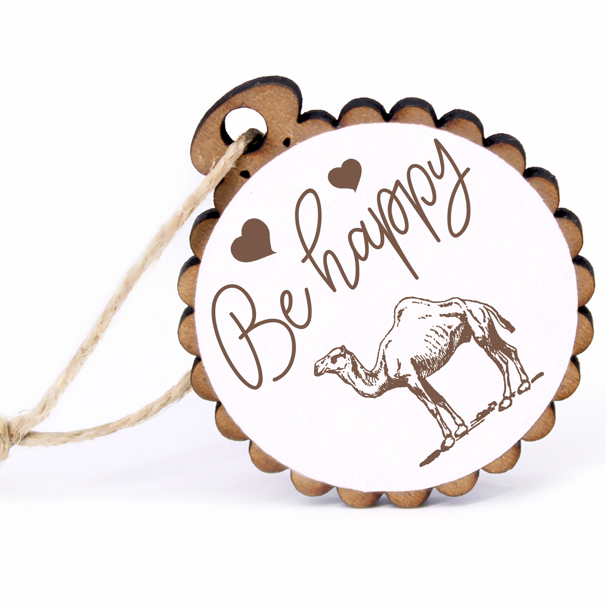 Geschenkanhänger - Be Happy Dromedar -  Holz Ø-5cm - mit Juteband