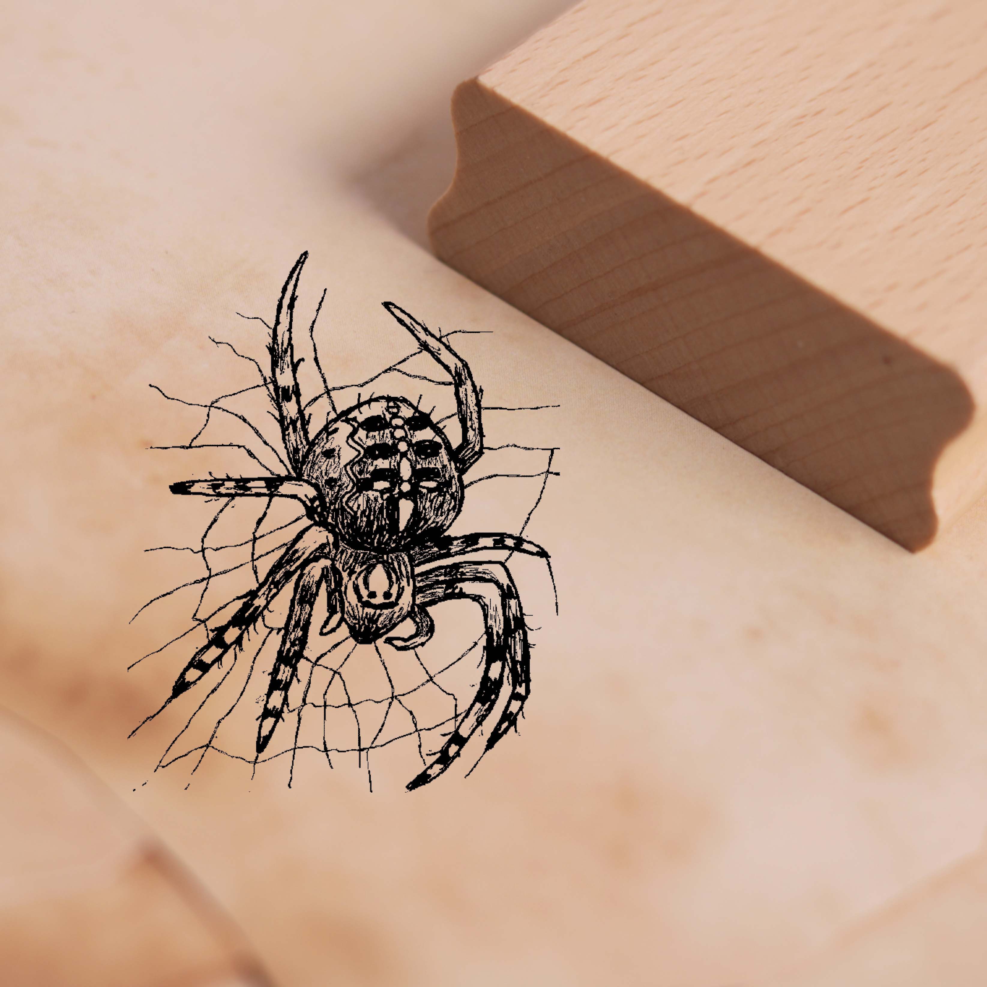 Motivstempel Kreuzspinne im Netz - Stempel Holzstempel 38 x 48 mm