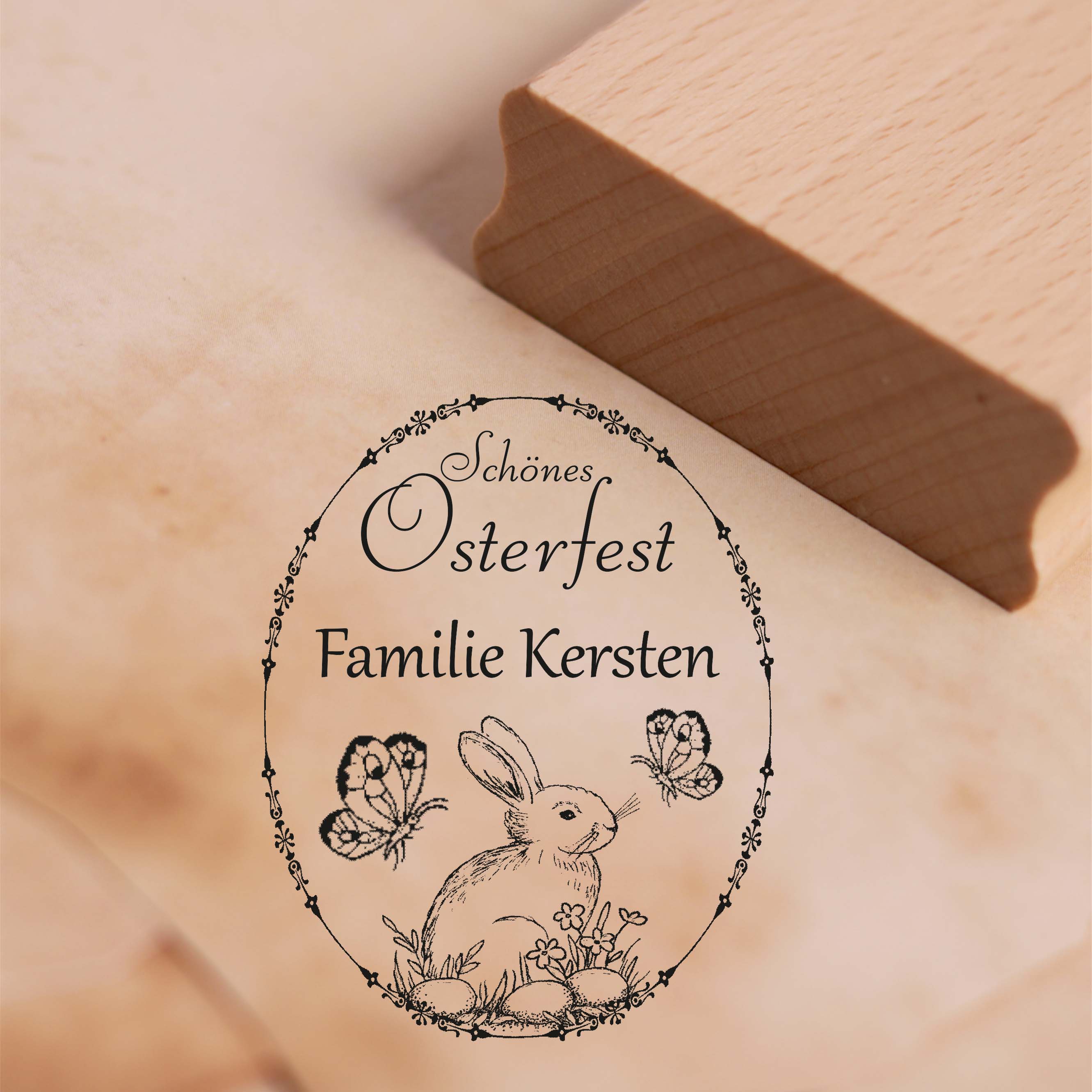 Motivstempel Schönes Osterfest - personalisiert mit Name - Osterei mit Osterhase Stempel 38 x 48 mm