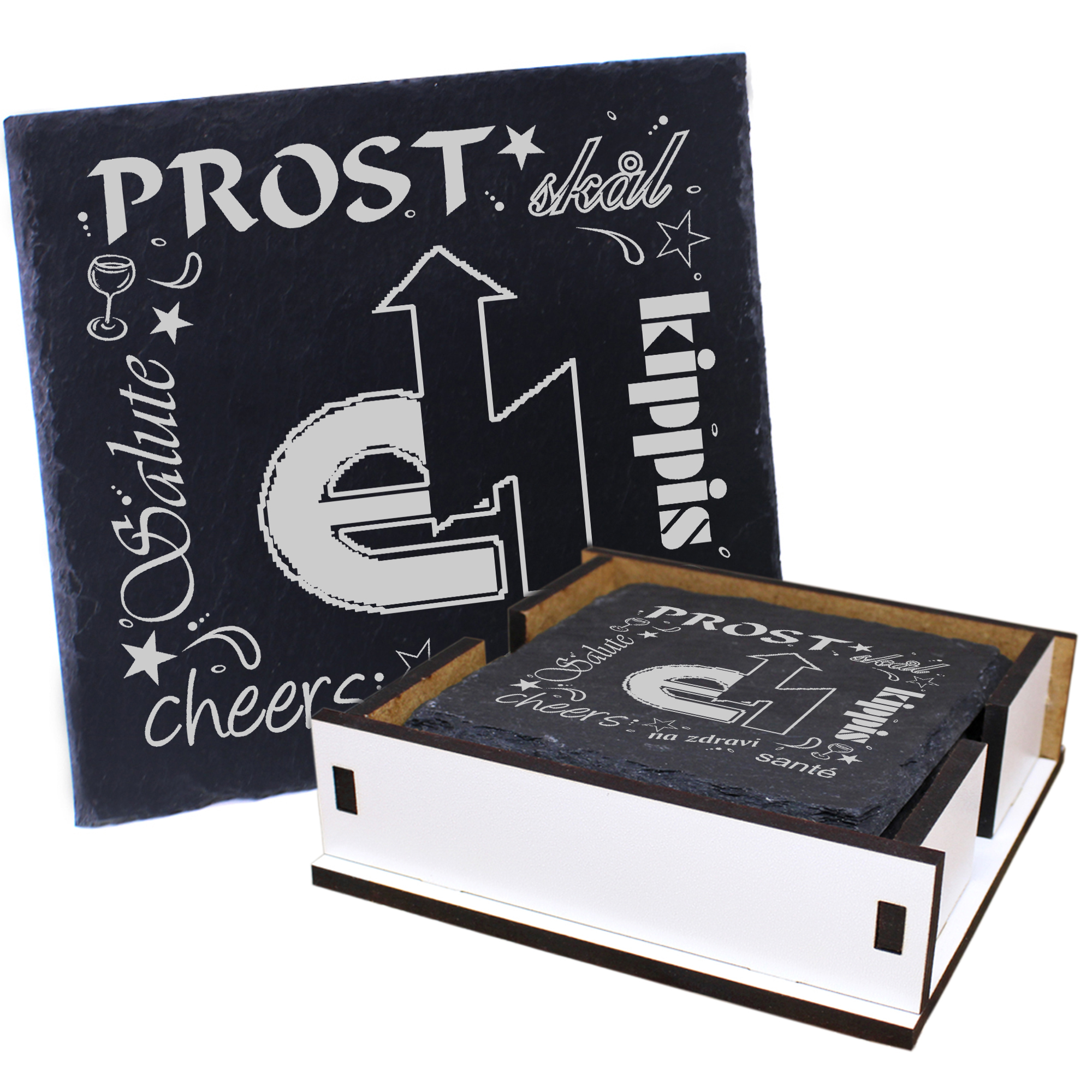 5 x Schiefer Untersetzer - Prost Elektriker - inkl. Holzbox & Flaschenuntersetzer