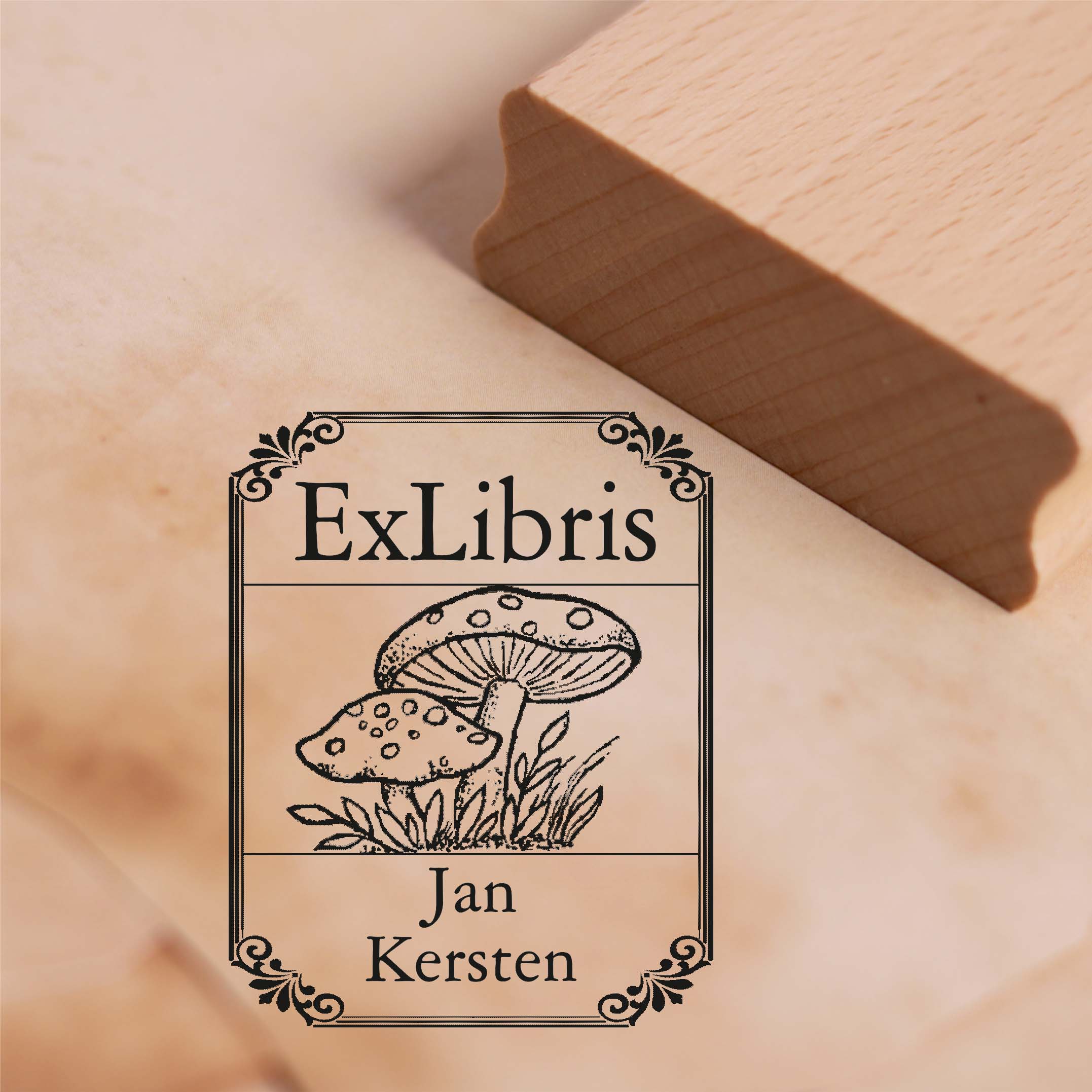 Ex Libris Stempel Fliegenpilze mit Name - Vintage Rahmen - Exlibris Motivstempel 38 x 48 mm
