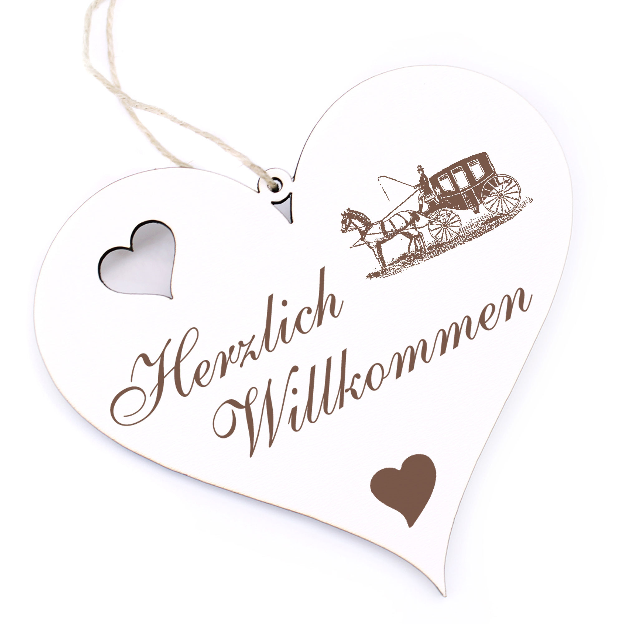 Herzlich Willkommen Schild - Pferdekutsche - Deko Herz Holz