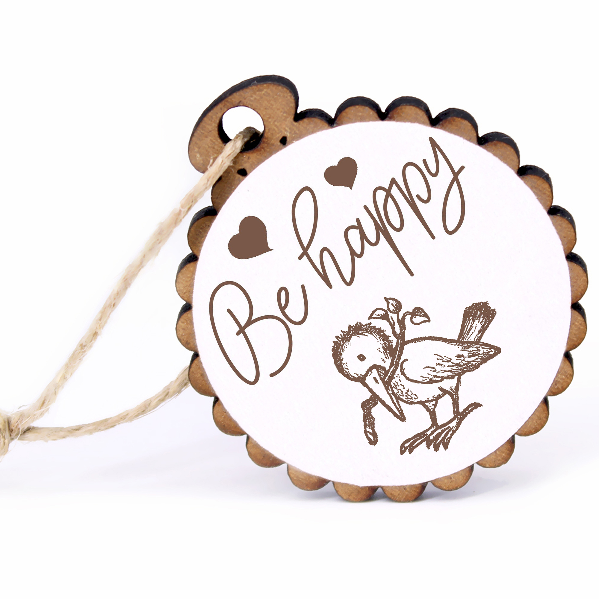 Geschenkanhänger - Be Happy Rabe mit Stock -  Holz Ø-5cm - mit Juteband