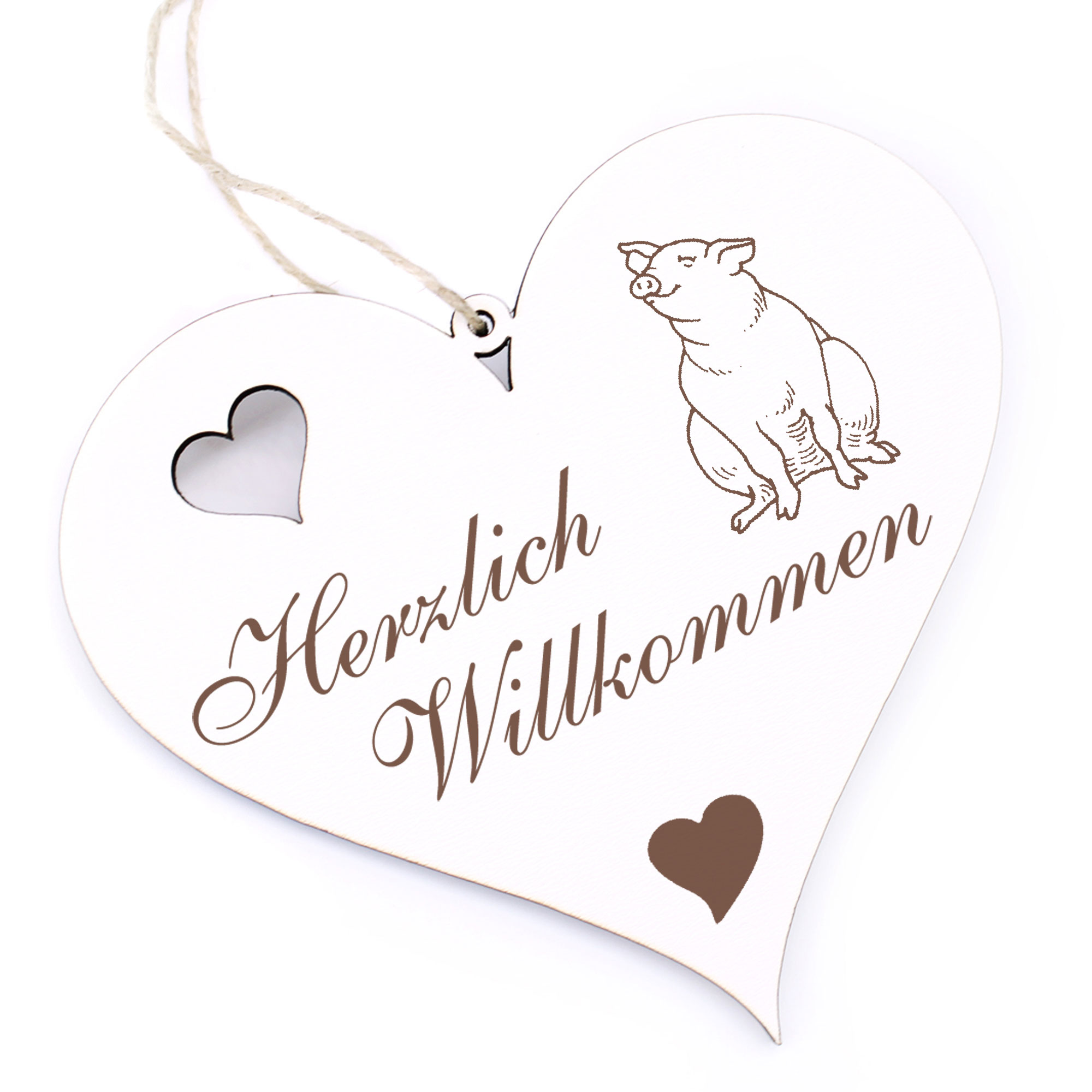 Herzlich Willkommen Schild - sitzendes Schwein - Deko Herz Holz