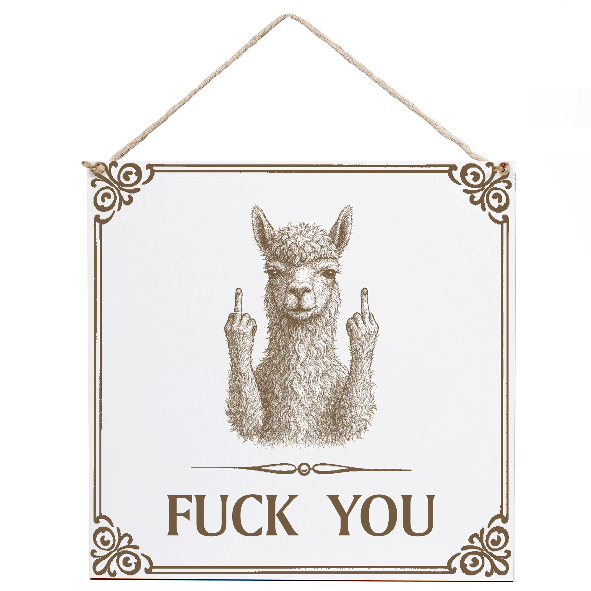 Alpaka Wandschild „Fuck You“ – Weißes HDF-Dekoschild 15×15 cm (auch 20×20 cm)