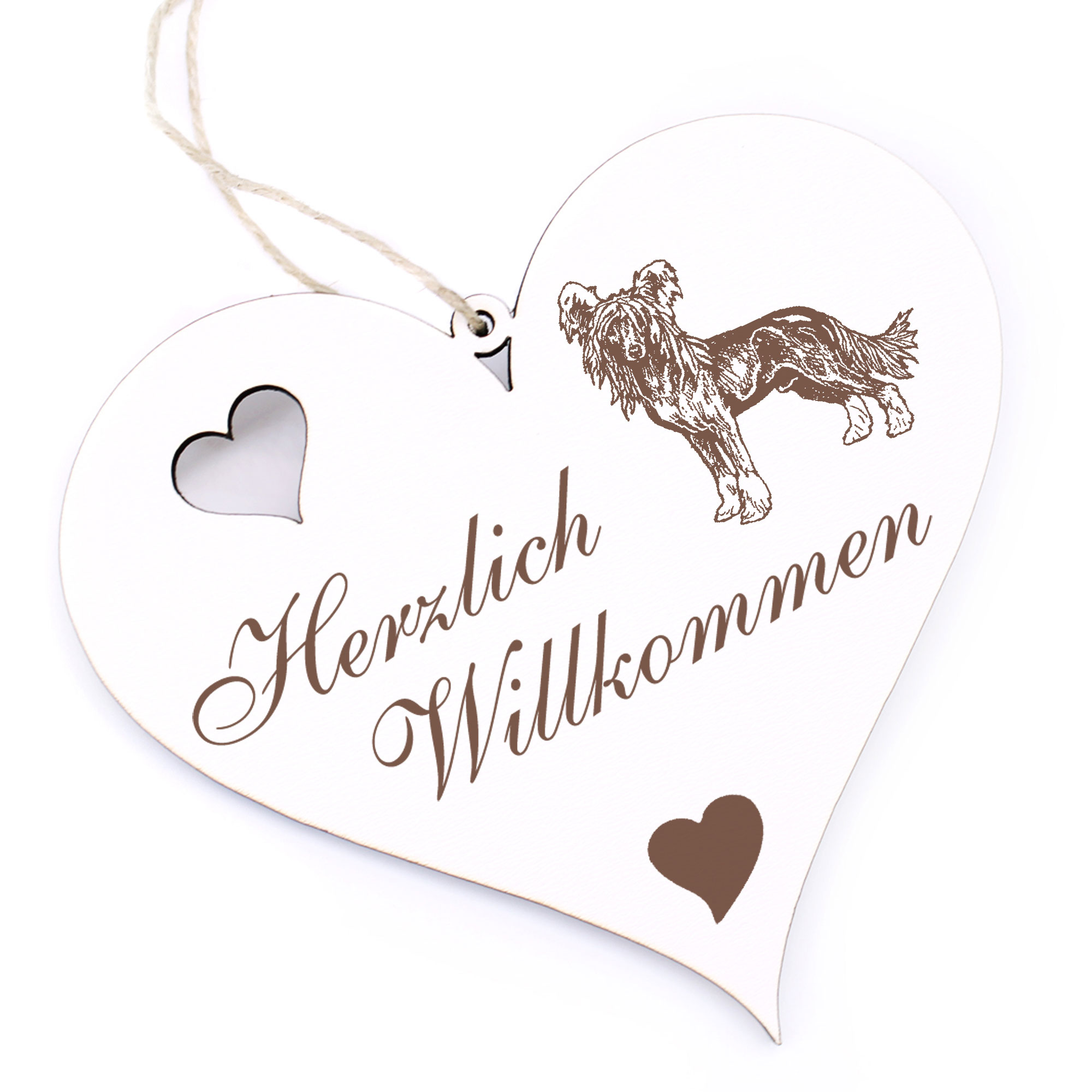 Herzlich Willkommen Schild - Chinesischer Schopfhund - Deko Herz Holz