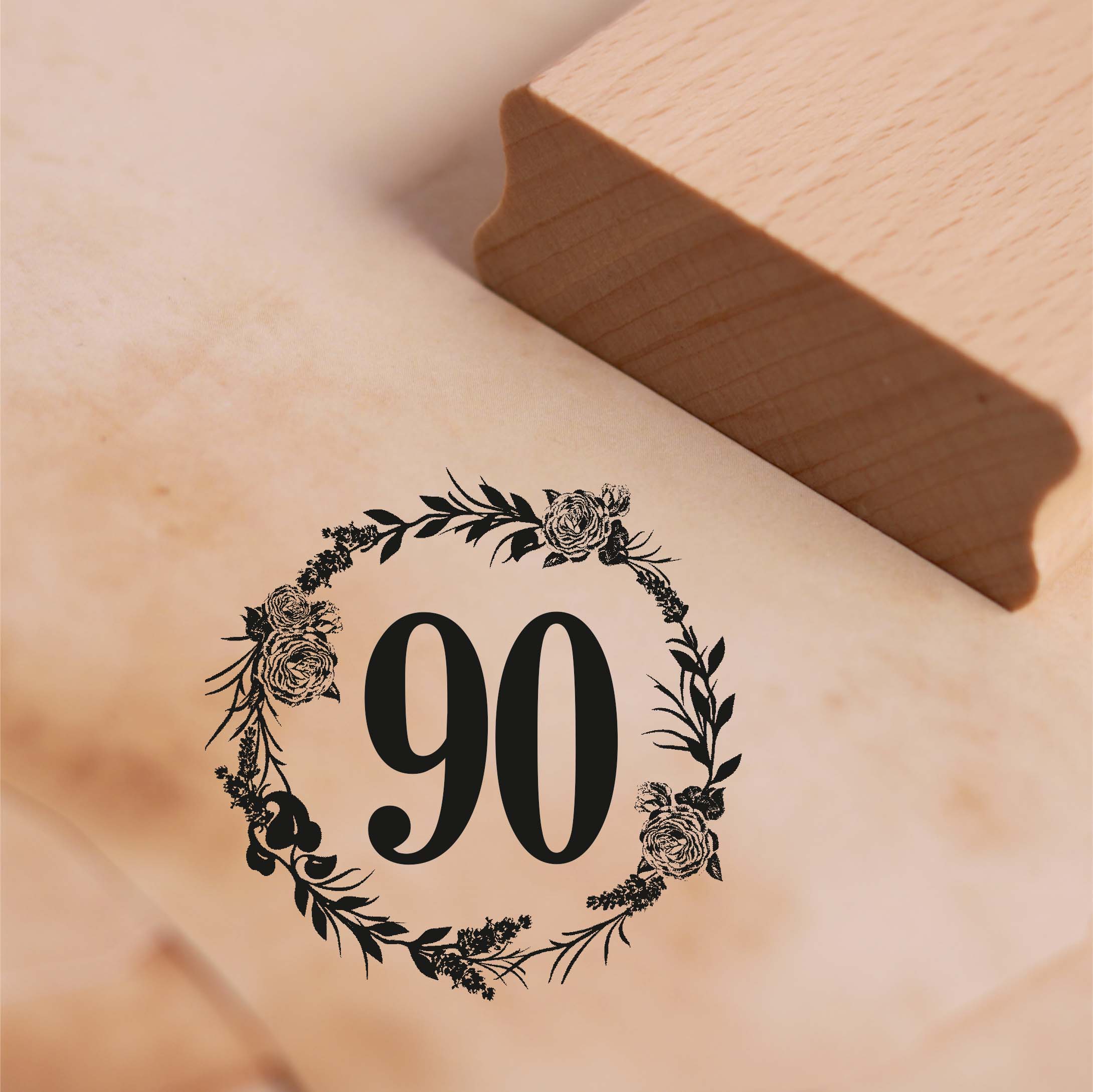 Motivstempel Jubiläum 90 Jahre Geburtstag Vintage Kranz Rosen Stempel 48 x 48 mm